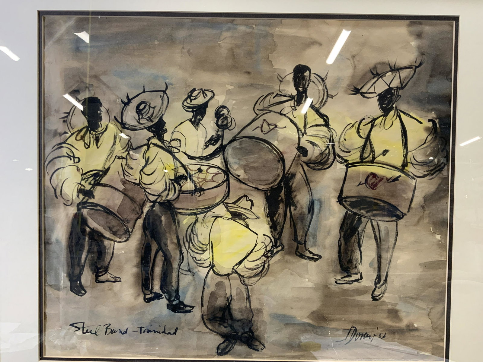 Framed Watercolor of Steel Band, Trinidad: Framed Watercolor of Steel Band, Trinidad, signature to lower right illegible, shows Trinidadian Band playing steel instruments, measures 27 1/2 x 24 1/2 inches, rustic wood frame, surface wear to fra