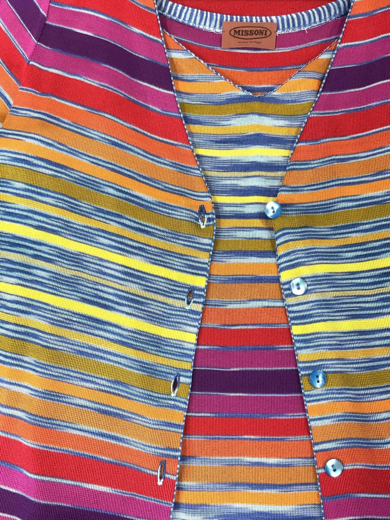 MISSONI Matching Camisole & Button Up Set, ITALY: MISSONI Matching Camisole & Button Up Shirt Set, Made in Italy, multicolored stripes, blue undertone and buttons, ladies size 44, camisoles measures approx 22 1/4 x 16 in., shirt sleeve button up shir