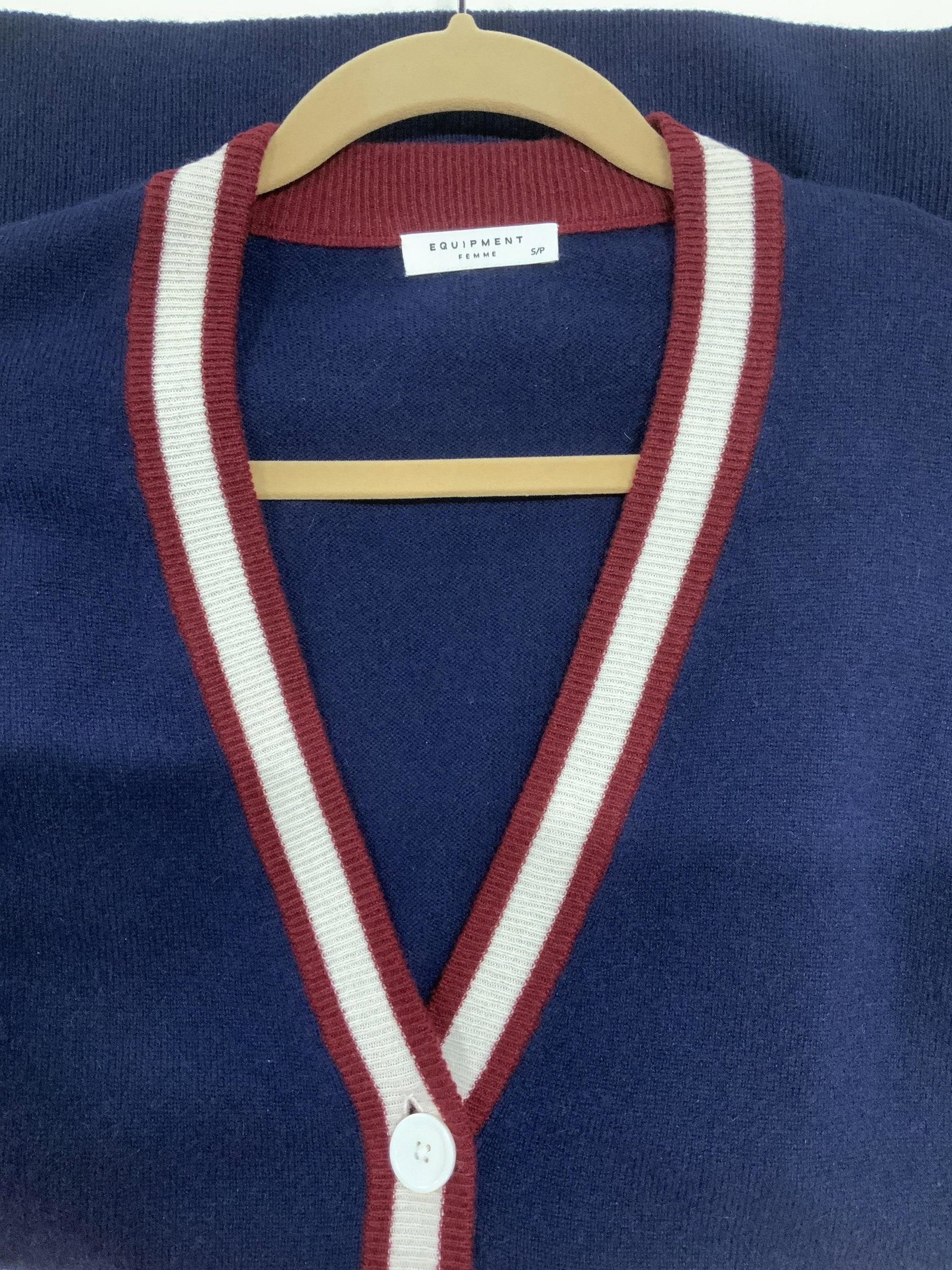 EQUIPMENT FEMME CASHMERE CARDIGAN, France: Possibly never worn CASHMERE cardigan with ribbed burgundy and white shawl collar. Navy blue sweater by EQUIPMENT FEMME, a Luxury French Brand. Signed label. Size Small petite, but very long cardigan.