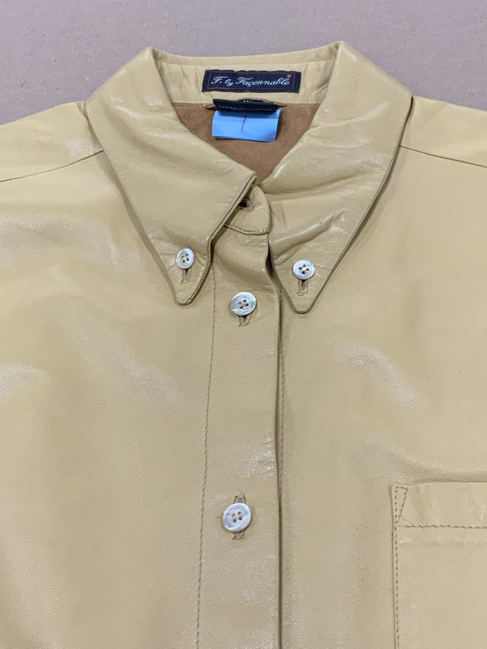 F. BY FACONNABLE Leather & Suede Button Up, IT: F. BY FACONNABLE Leather & Suede Button Up, made in Italy, eur ladies size XL, mustard yellow leather exterior, tan suede interior, Possibly never worn. F. BY FACONNABLE Leather and suede button up, F