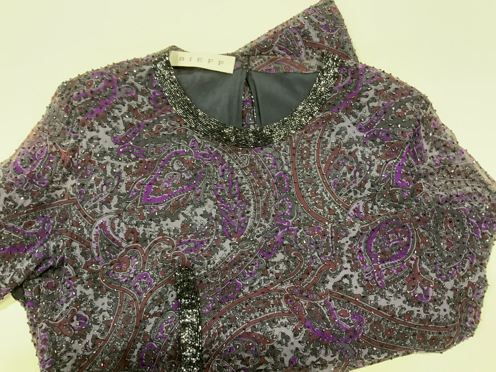 NEIL BIEFF Silk Beaded Crew Neck Blouse, Sgn (1 of 6)