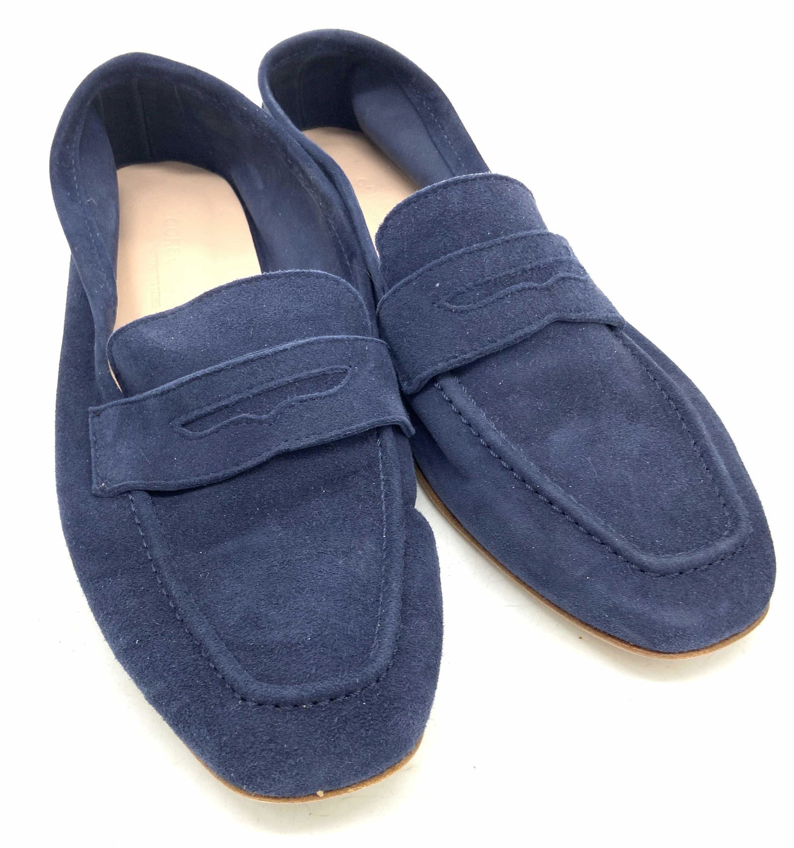 CORSO ROMA Blue Italian Leather Loafers, Shoes: A pair of rich navy hued blue suede loafers. Interior reads CORSO ROMA, MONTECATINI TERME. Underside reads VERO CUOIO, MADE IN ITALY, 37. Some wear consistent with use and storage. Shoes, wearables, C