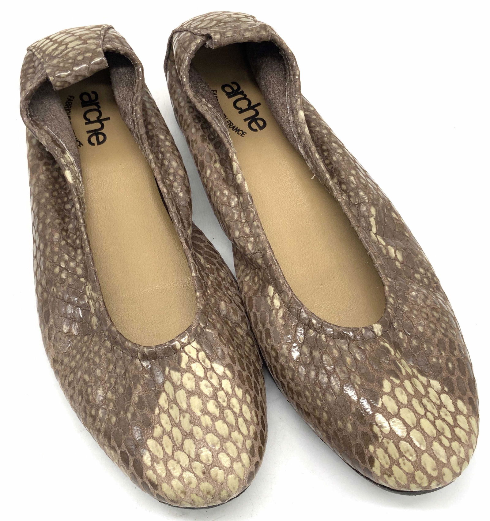 ARCHE French Snakeskin Style Latex Flats, Shoes: Brown hued Snakeskin style loafers. Underside reads ARCHE MADE IN FRANCE, LATEX 100% NATUREL, 38. Brand website reads: arche, design that makes all the difference. Shoes and accessories designed espec