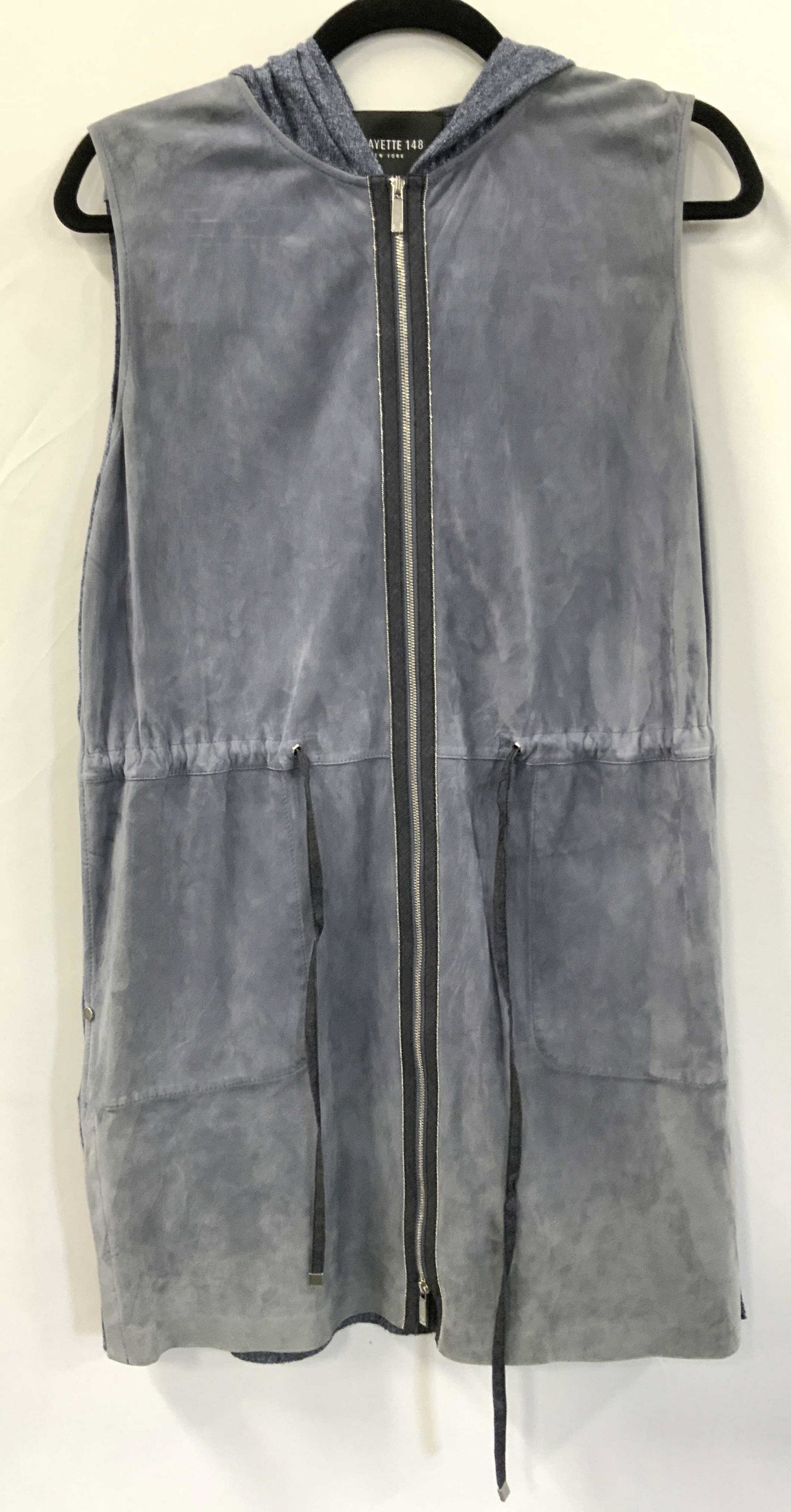 LAFAYETTE 148 NEW YORK Blue Leather & Linen Vest: Blue hued suede leather & linen vest. Hooded. Sleeveless. Zipper closure. Side slits. Tags read LAFAYETTE 148 NEW YORK, S, 100% Leather & Linen. Named after its original address, Lafayette 148 New Yor