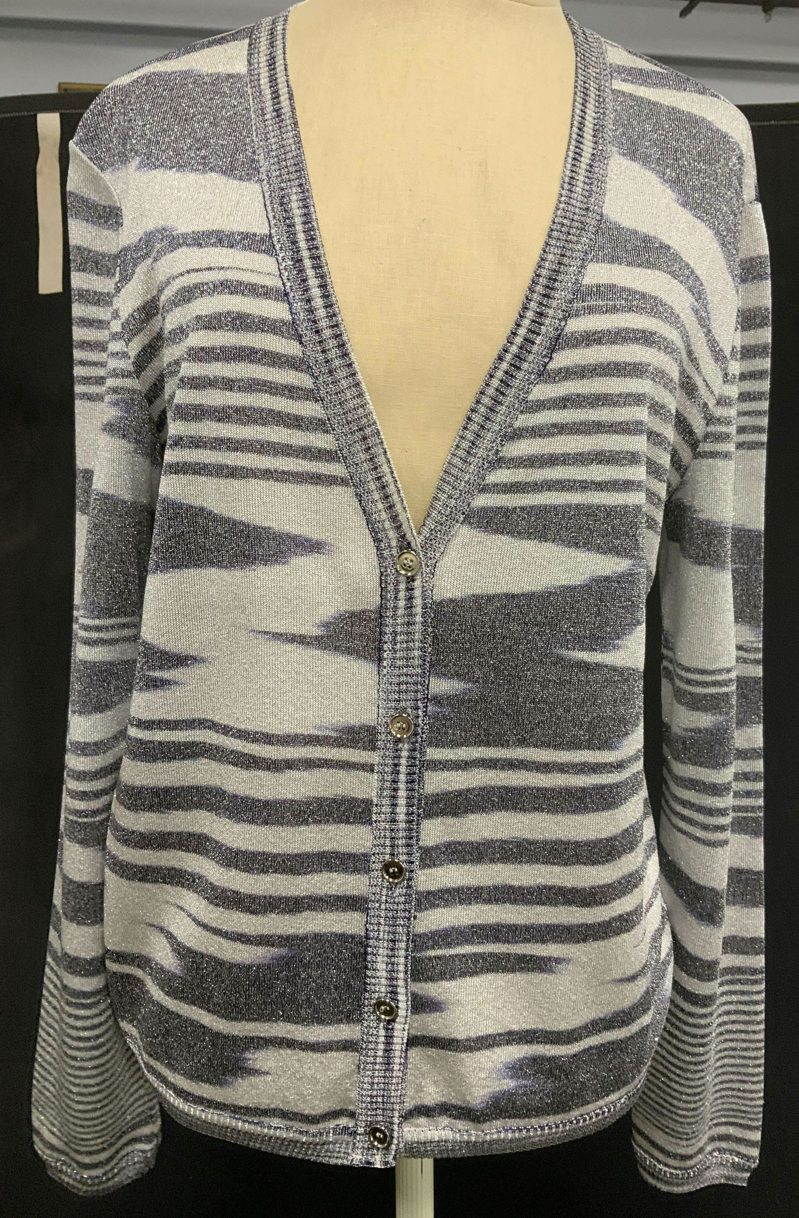 MISSONI Metallic Knit Print Cardigan, Italy: Signed MISSONI metallic knit cardigan I Light grey and dark grey, size 44 (10) Pre owned and well cared for. Signed MISSONI label. Viscose , polyester and rayon blend. Missonis Italian luxury Fashion