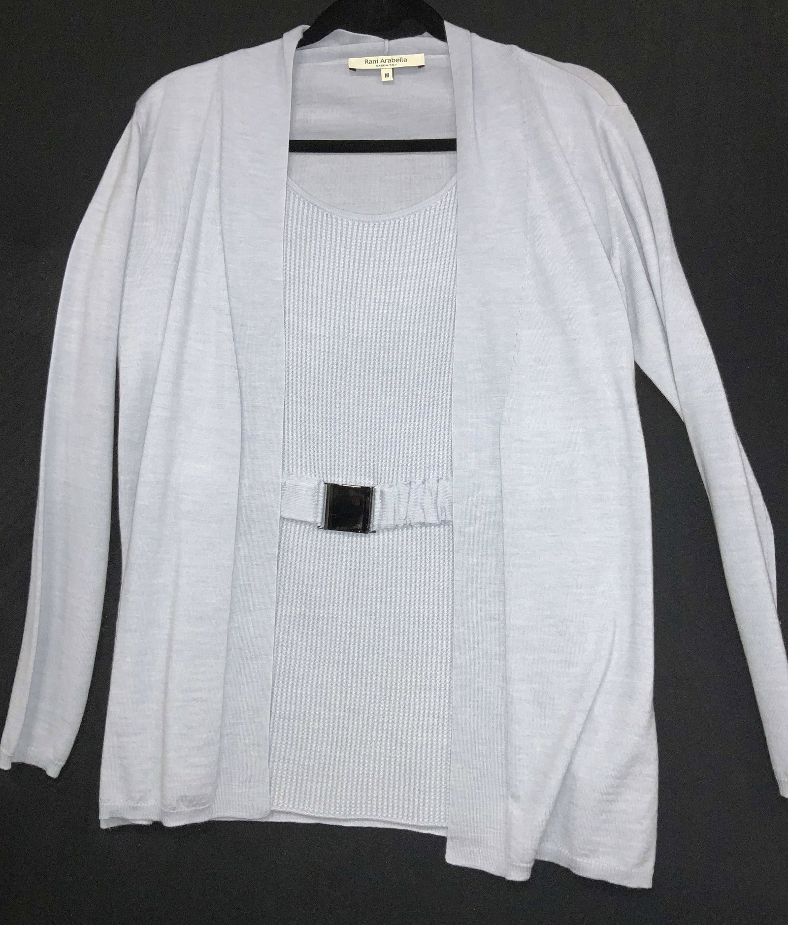 RANI ARABELLA Belted Wool/Cashmere Sweater, Italy: IT Chambray blue luxury sweater, a 2 in one look. Luxury 80% wool and 20% cashmere knit, Ladies size Medium. Possibly new and never worn. Superior design with long sleeves yet has an attached textured