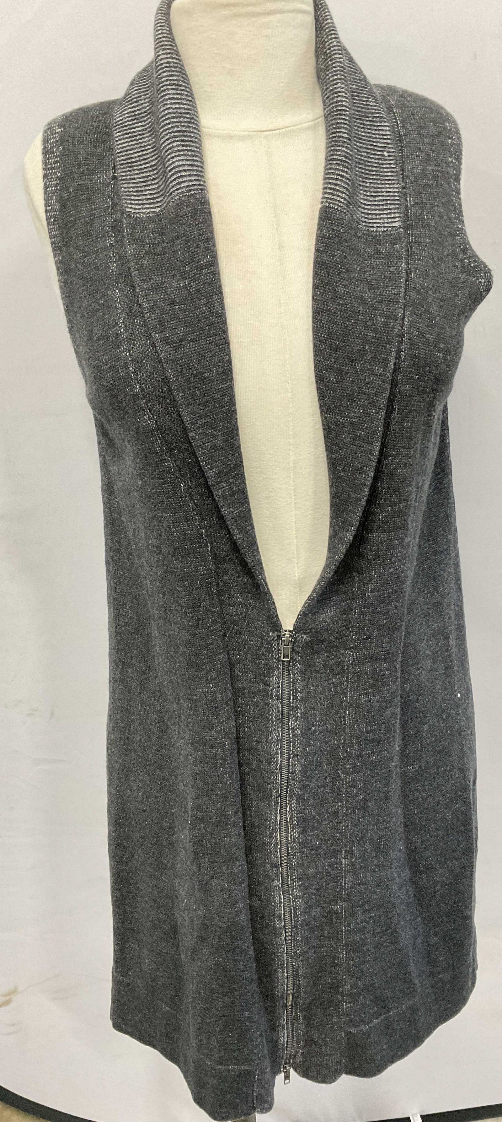 EILEEN FISHER Zip Up Heather Grey Vest: EILEEN FISHER Zip Up Heather Grey Vest, inner tags read, size XS, 100% organic cotton. Color of vest is a heather grey. Zipper comes up half way. Vest is long could also be used as a mini dress. Some 