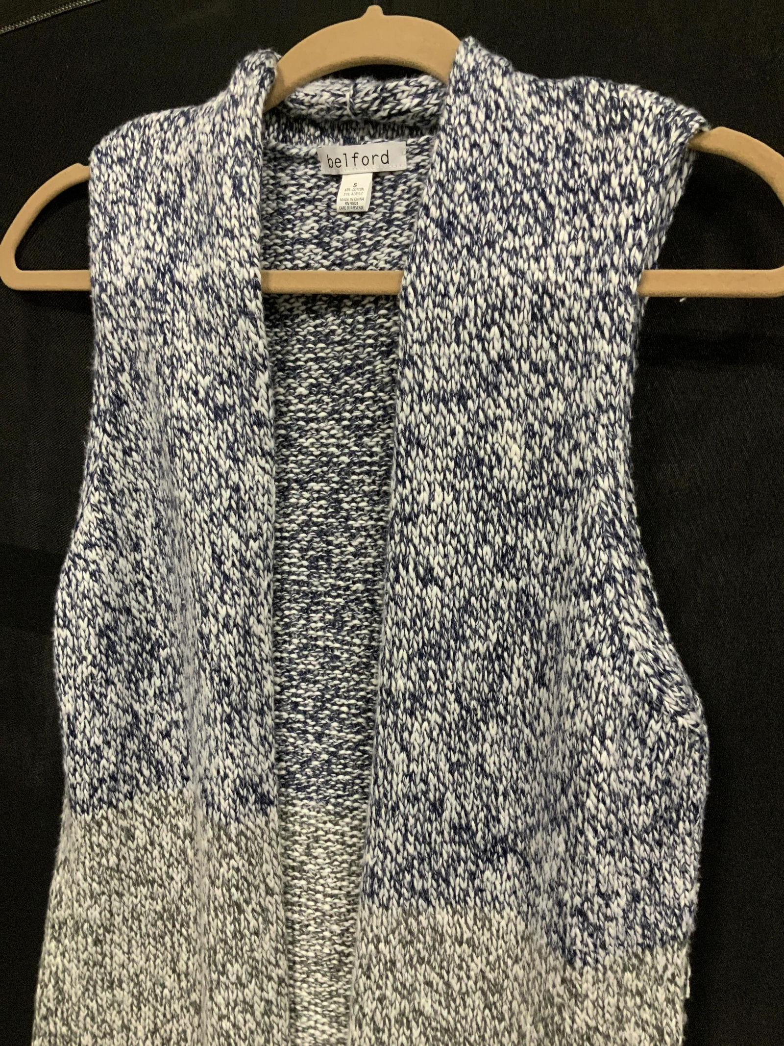 BELFORD BOUTIQUE SLEEVELESS CARDIGAN: Luxury Cotton and acrylic blend knit wear, soft hand feels like cashmere. Blue and white upper garment, grey and white yarn lower garment, signed label, size small. Total length 37 in. With hem tassel