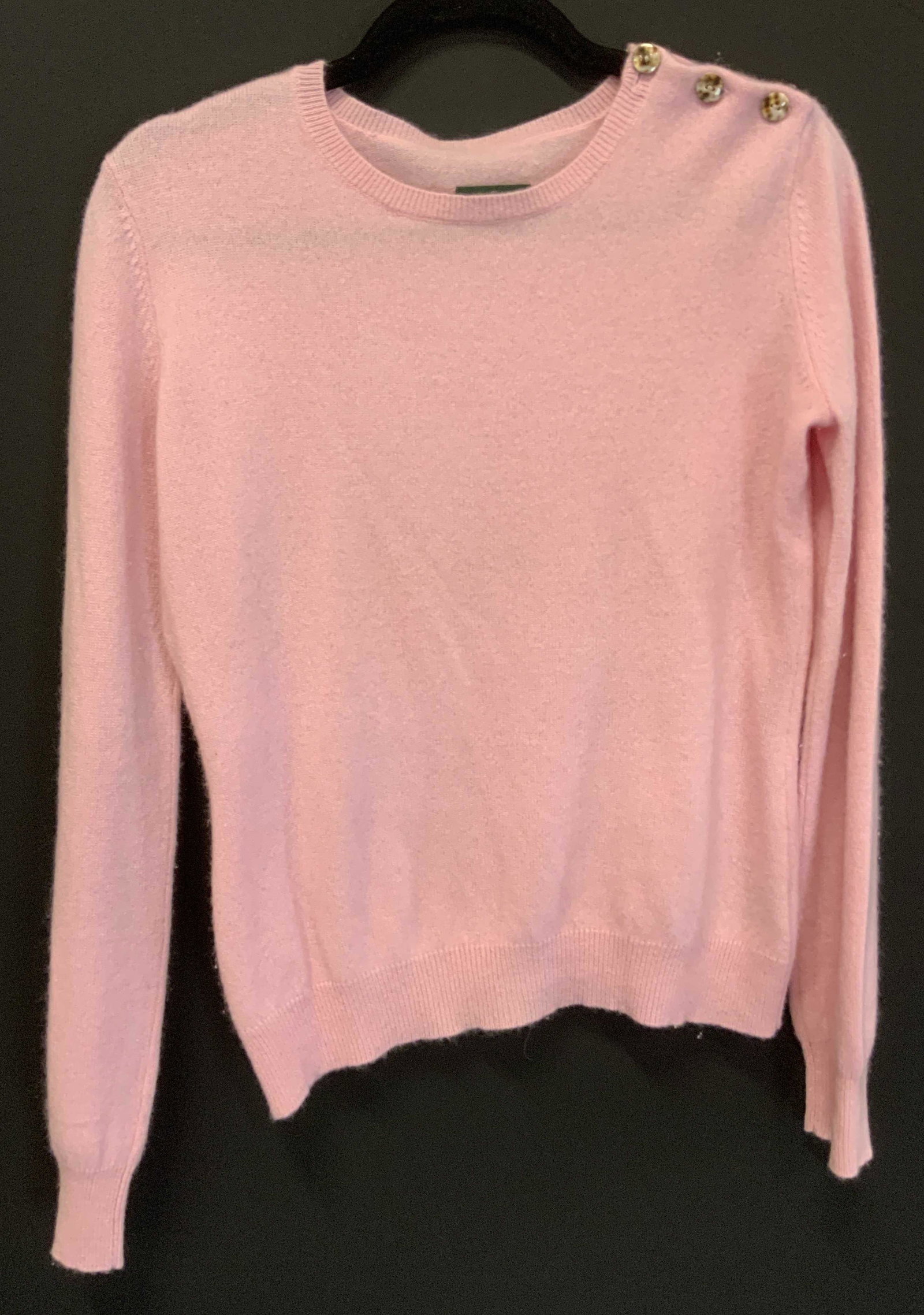 100% Pink Cashmere Sweater: A long sleeved pink cashmere sweater with three buttons to the shoulder. Tag reads 100% Cashmere. No size tag, fits approx medium. Some wear consistent with age and use. 100% Pink Cashmere Sweater, la