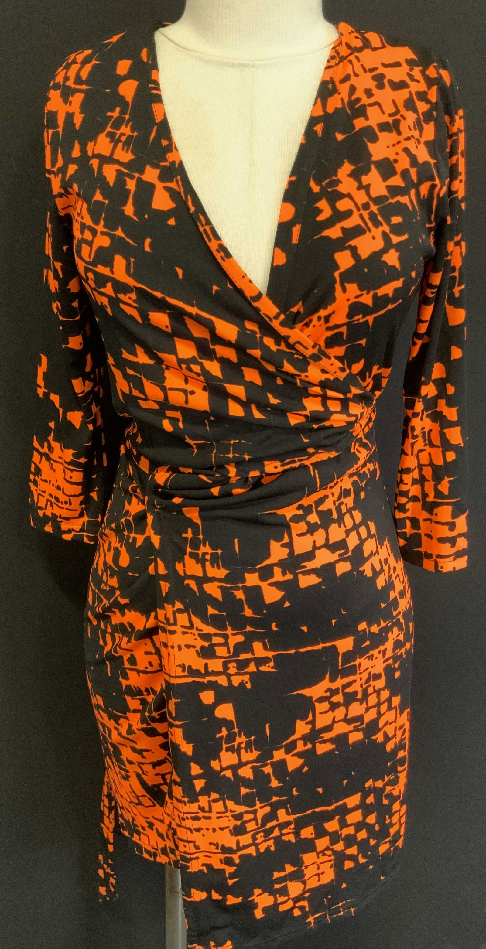 EROS APPAREL NY Neon Orange Patterned Wrap Dress (1 of 10)