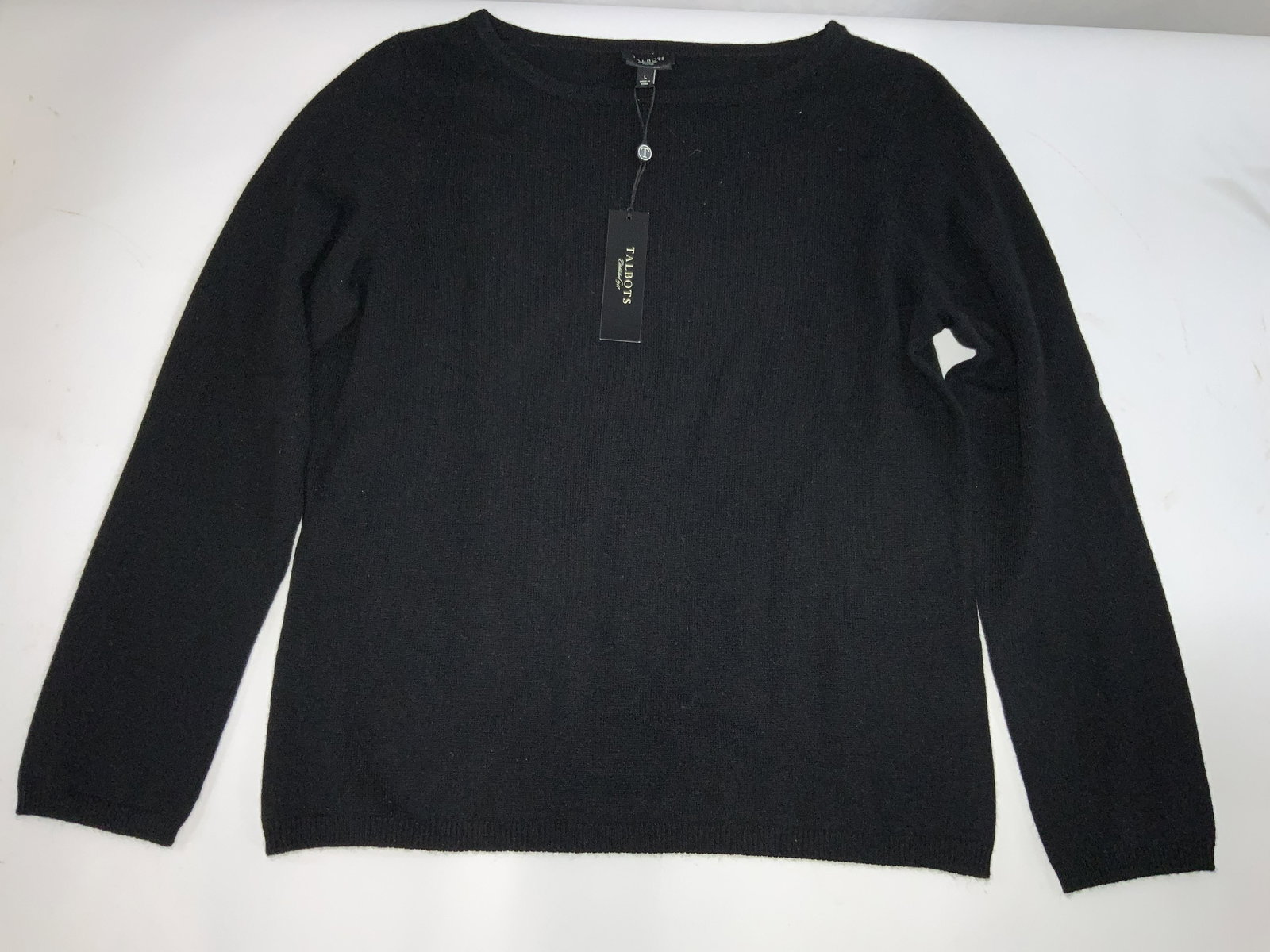 TALBOTS Petites Pure Cashmere Sweater: A black toned crew neck cashmere sweater. Designer tag reads Talbots, petites, pure cashmere. Size Large. New with tags, Comes with original retail price tag. Talbots cashmere sweater, purse cashmere 