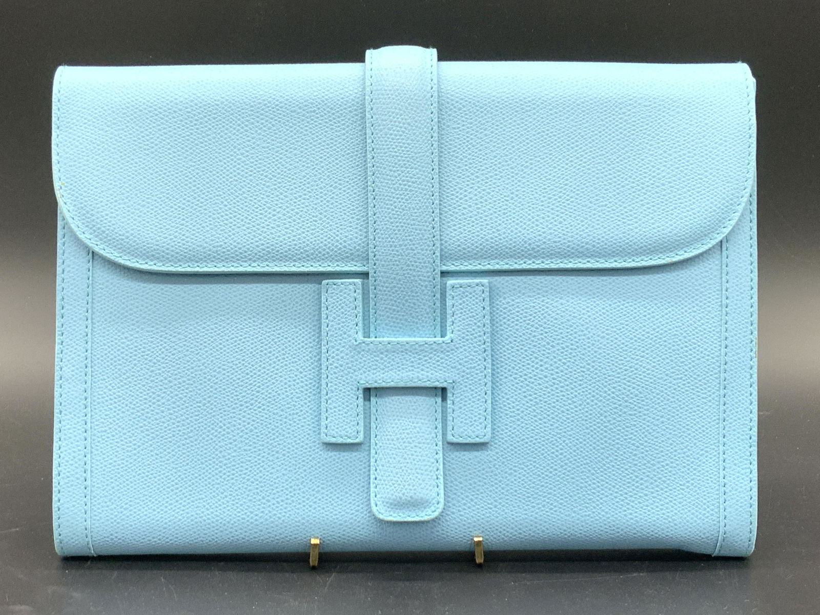 HERMES Style Aqua Blue Pebble Leather Clutch, IT (1 of 8)
