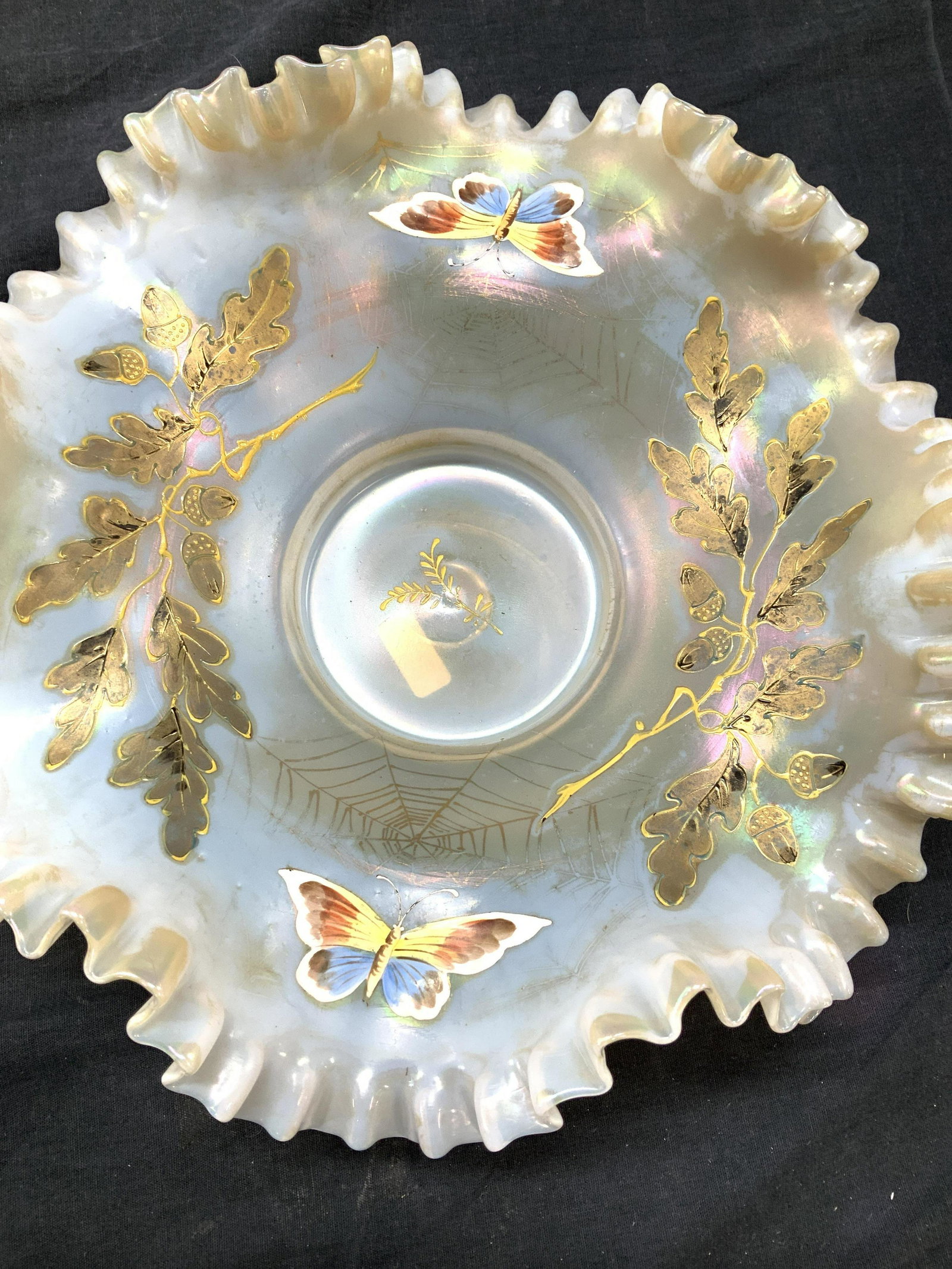 Hand Blown Opaline Enameled Glass Bowl: Vintage Furl rim Opaline glass Bowl/ trinket bow/ candle holder.hand painted and hand formed. Enamel Butterflies and oak leaves and oak nut decor. 12.5 in. Wide, 3.5 in. Ht. If using for a candle , in