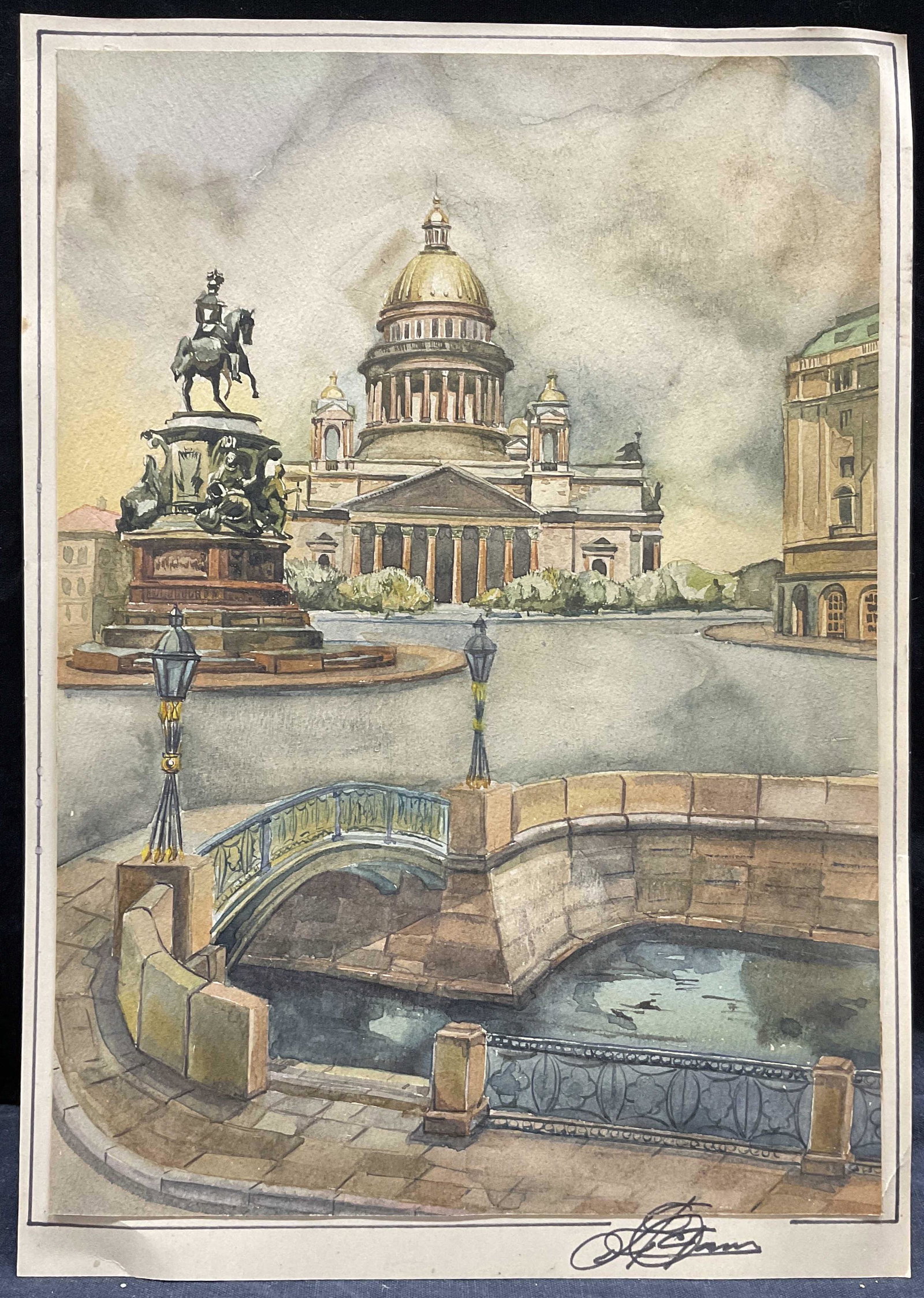 Signed Watercolor Painting Neoclassical Building: Signed Watercolor Painting Neoclassical Building, signature to lower right illegible, subject a view of a equestrian sculpture and neoclassical architecture, measures 12 1/4 x 8 5/8 inches, some folds