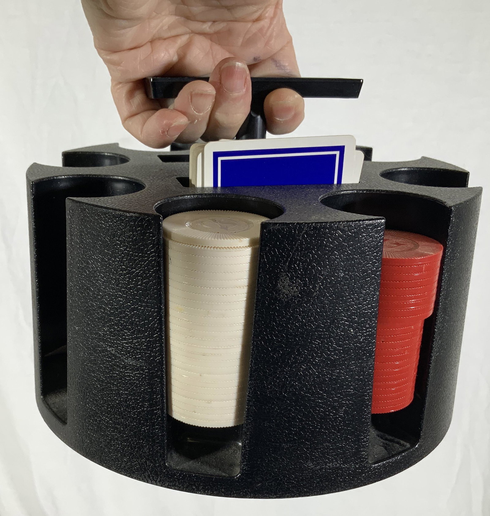 Vintage Poker Chips in Holders: Rotating Carousel poker chip and playing card deck holder, blue, white and red chips, not complete, fits 1.5 in. chips. Vintage, possibly 1960s/ 1970s poker chip holder with blue, white and red chips
