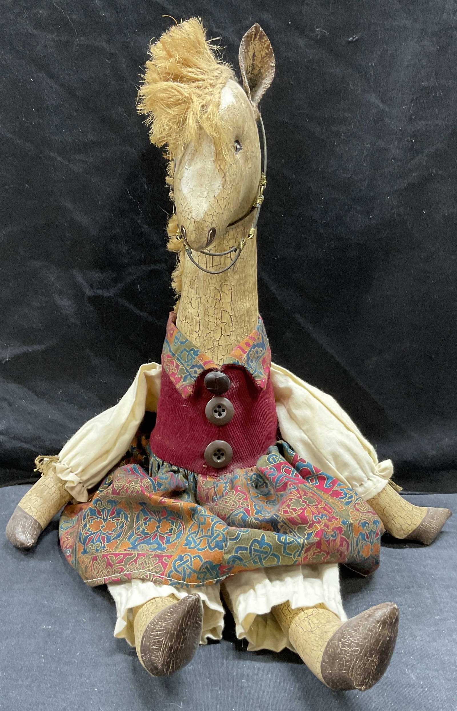 CAROL MILJUE Horse Doll: CAROL MILJUE Horse Doll, inscription reads 1992 original by original: Carol MILJUE 9/29/95, measures 21 2/4 x 12 inches wide, wear consistent with age, Carol MILJUE, horse, doll, farm animal, tabletop