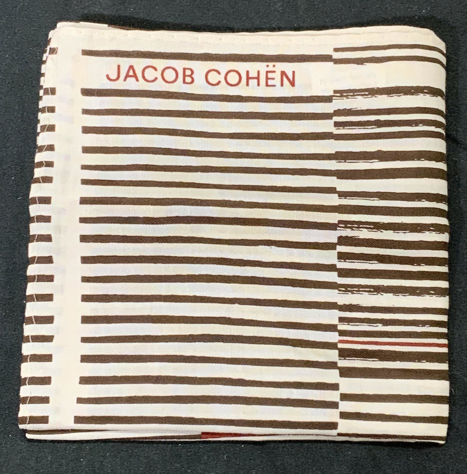 JACOB COHEN Cream/Brown Striped Silk Blend Scarf: Jacob Cohen cream and brown striped scarf. Cotton and silk blend. In good condition. Measures approx. 22 x 21 inches. Jacob cohen, Jacob cohen accessories, Jacob cohen scarf, ladies scarf, ladies neck