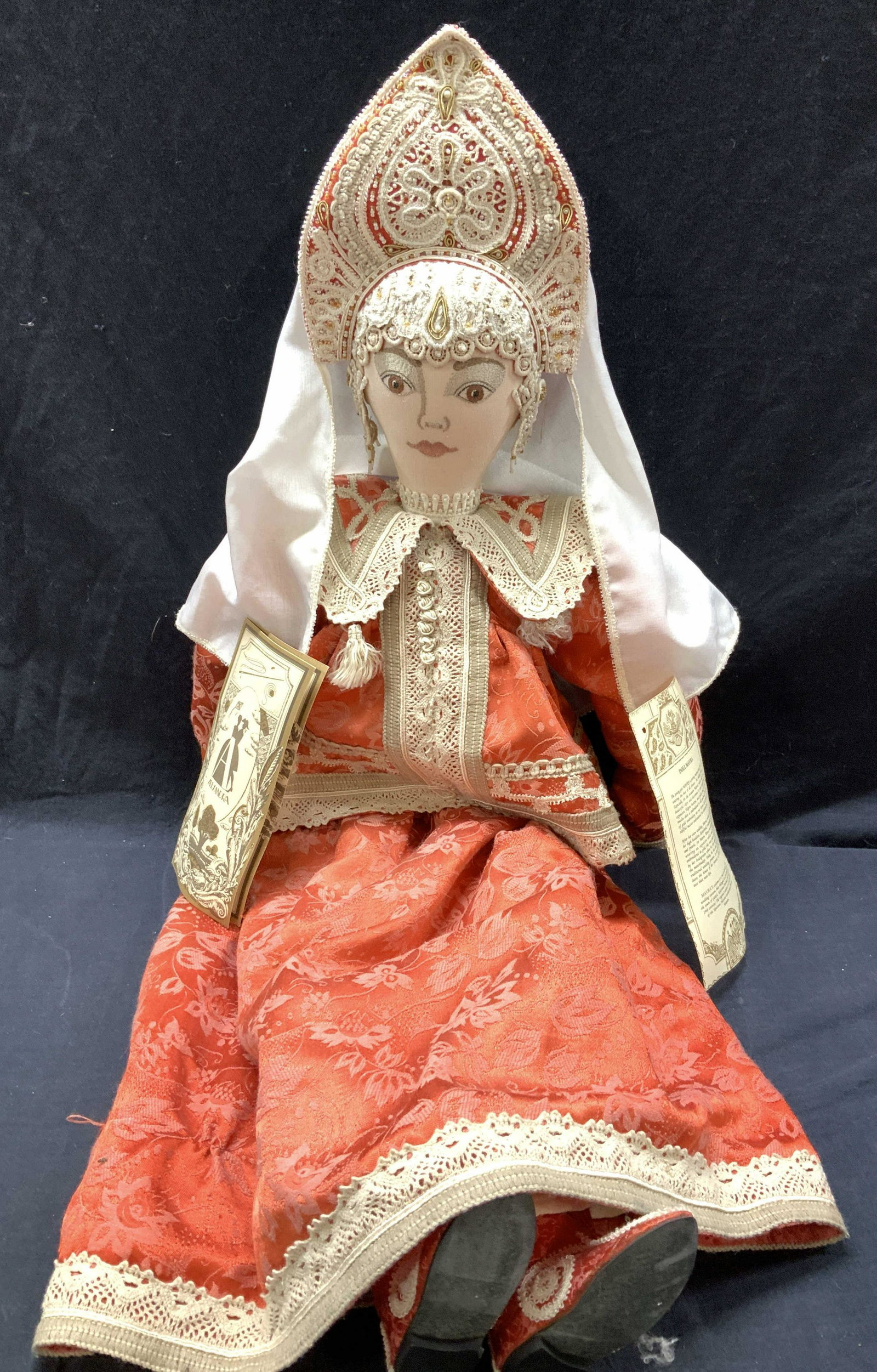 Alexandra Kukinova Middle Ages Doll: The Mavra Doll by Designer Alexandra Kukinova, a Vintage Eastern European Middle Ages/ Medieval doll, 30 in. Long, hand crafted of embroidery needlework, stuffed with natural cotton fibers. All cloth.