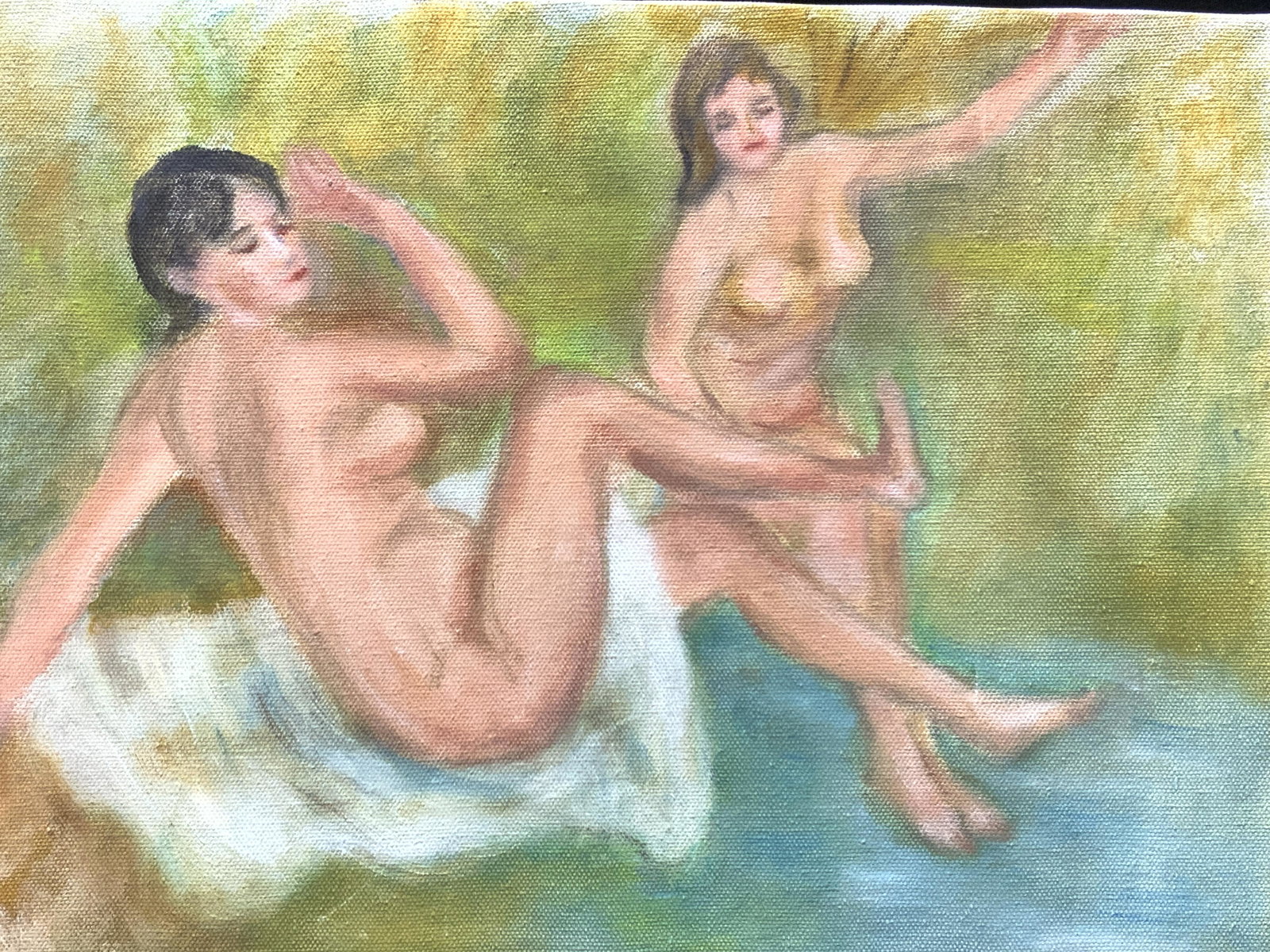Signed Reclined Nude Portrait Painting: Signed Reclined Nude Portrait Painting, oil on canvas, signature to lower right is illegible, subject shows two nude women, one reclining and one seated, against an abstract background, no frame, meas