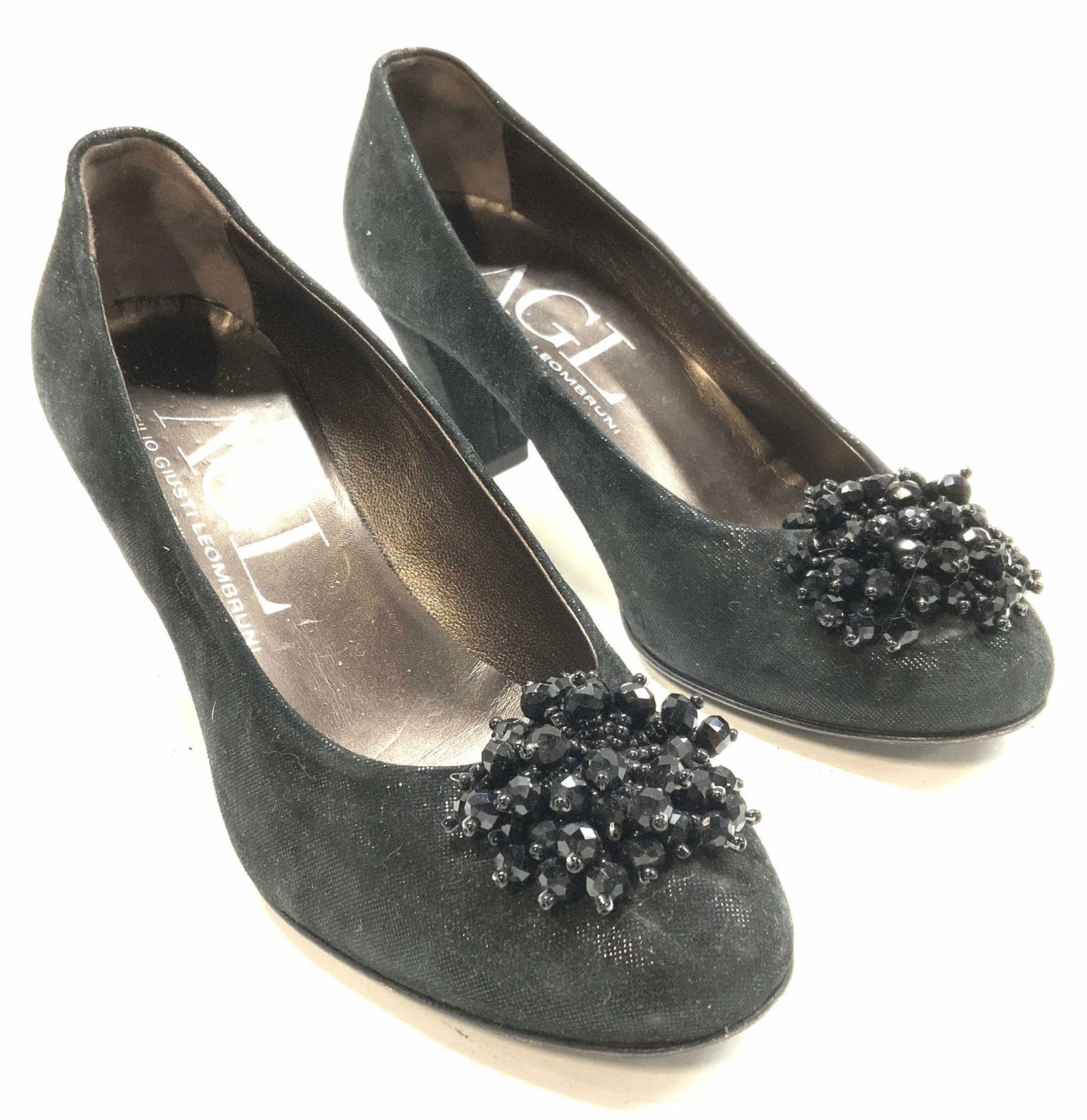 AGL Black Suede Crystal Embellished Heels: AGL ATTILIO GIUSTI LEOMBRUNI black suede heels with crystal embellishment detail on toes. Size 37. Made in Italy. Some wear to inner and outer. AGL, age shoes, ATTILIO GIUSTI LEOMBRUNI, Italian design