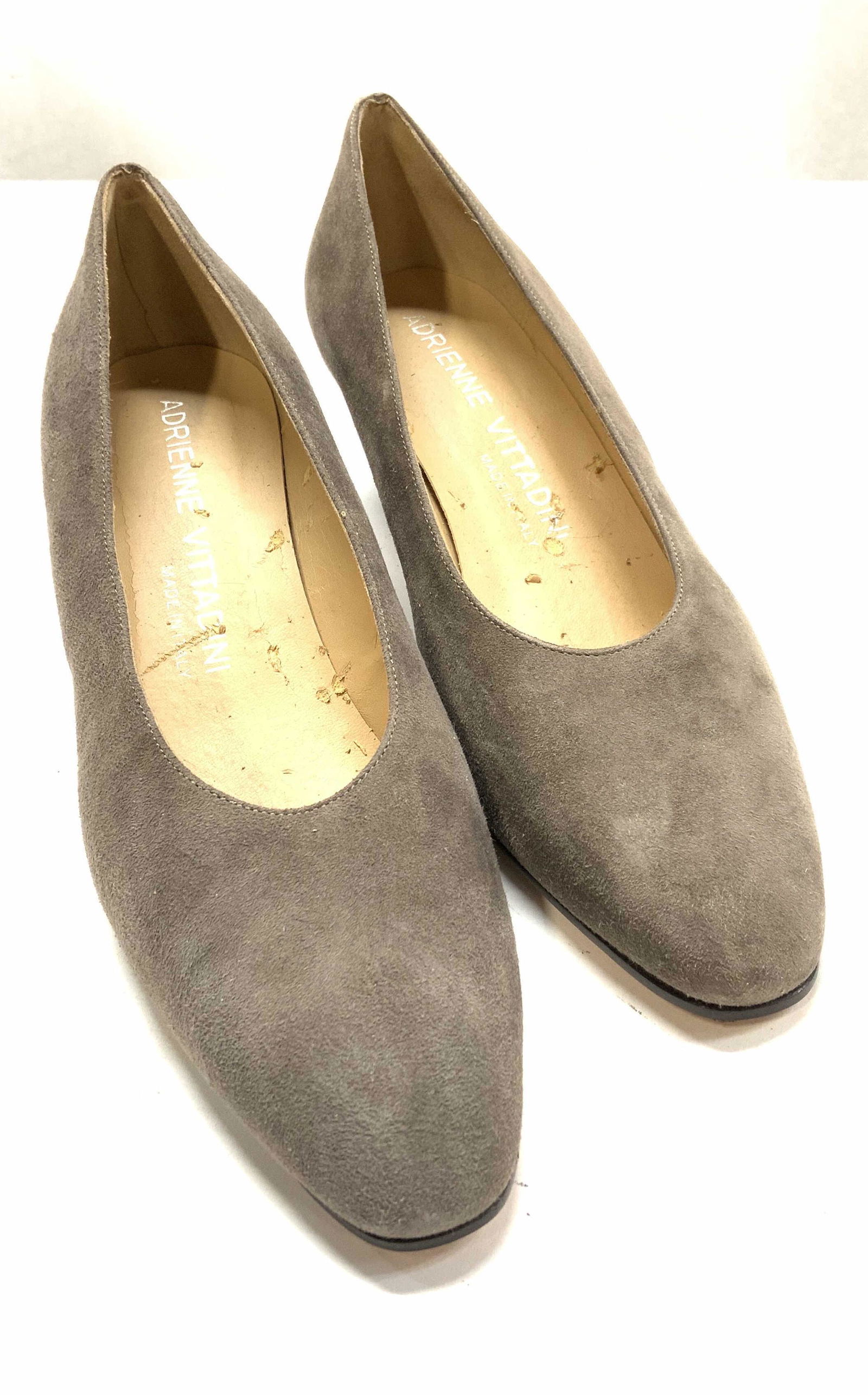 ADRIENNE VITTADINI Beige Suede Pointed Toe Heels: ADRIENNE VITTADINI dark grey-beige suede pointed toe heels. Size 7 1/2. Heel height approx. 2 inches. Made in Italy. Wear to interior soles, some wear to outer. Adrienne vittadini, Adrienne vittadini