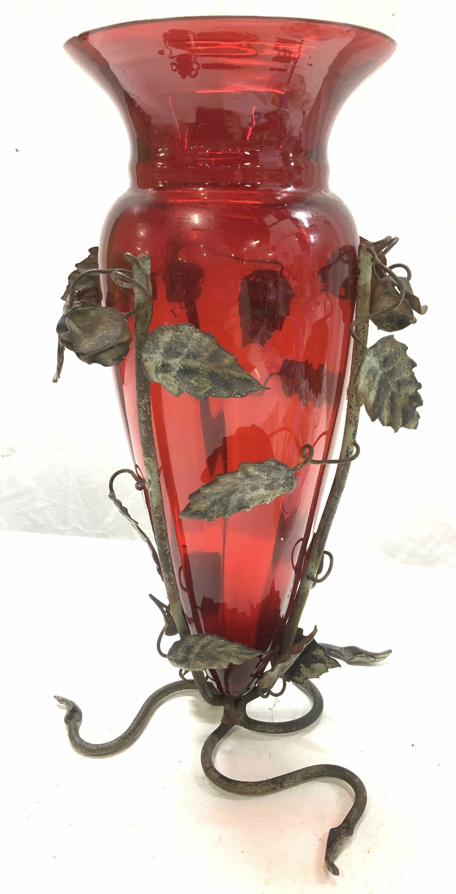 Ruby Red Glass Vase in Metal Leaf Stand (1 of 7)