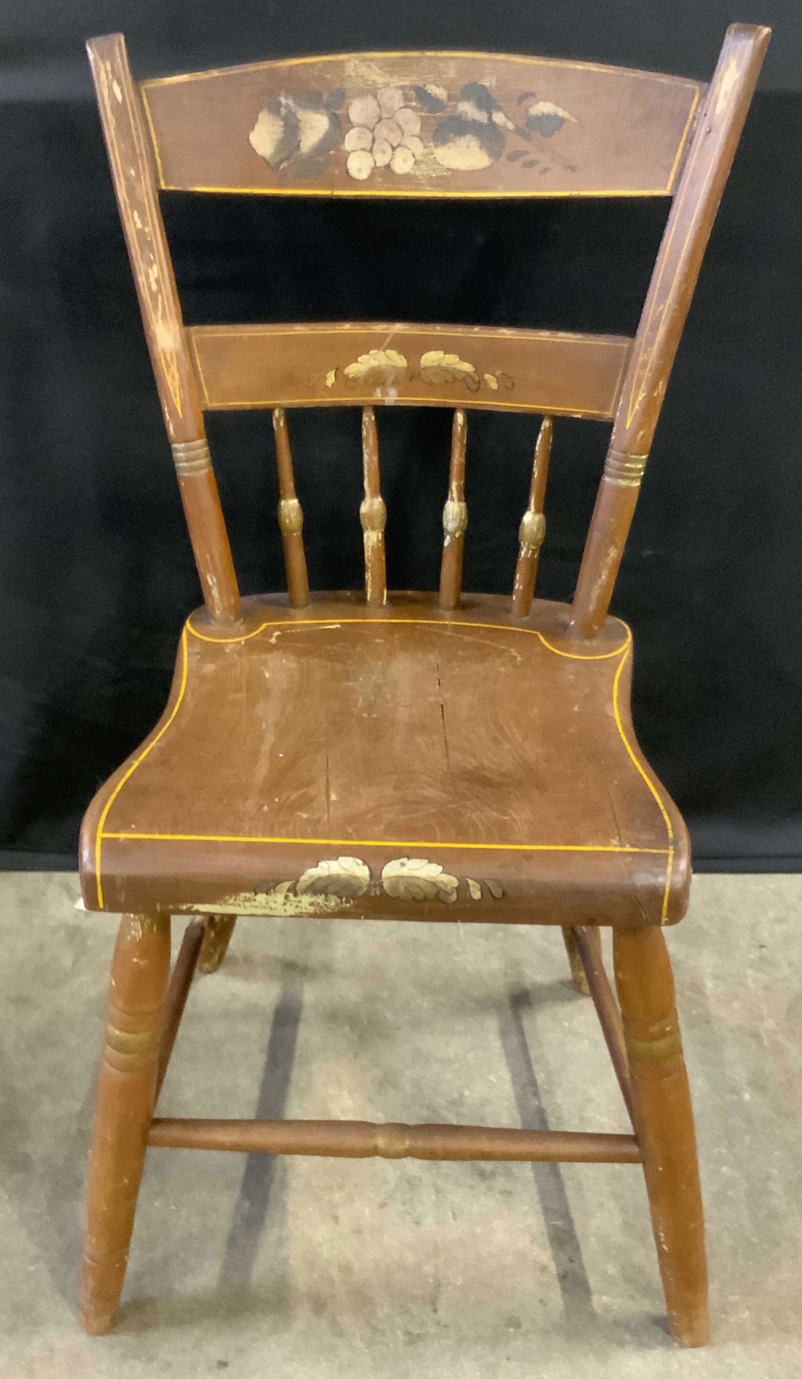 Antique Plank Seat Wooden Chair W/ Fruit Motif (1 of 14)
