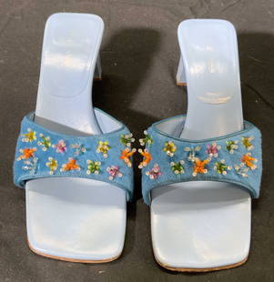 SERGIO ROSSI Blue Leather Crystal Heeled Sandals: Sergio Rossi high heel sandals with calf hair toe strap and bright multi tone crystal embellishments. Blue leather sole. Size 37.5. Heel height approx. 2 inches. Made in Italy, wear consistent with us