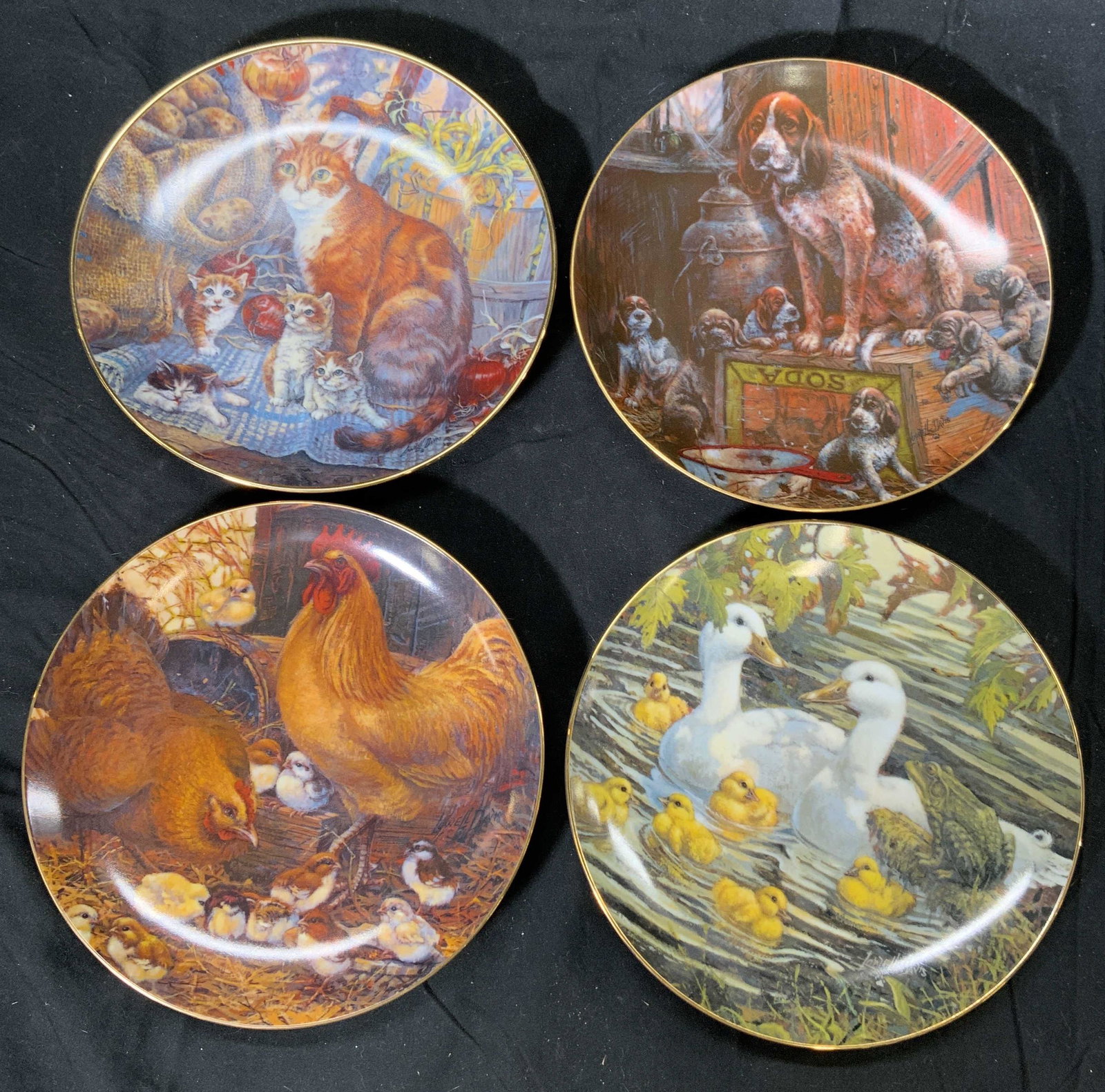 Set 4 SCHMID LOWELL DAVIS Collectible Art Plates: Signed collectible vintage LOWELL DAVIS Art plates by SCHMID. Set of 4. Includes DUKEs Mixture, Surprise in the Cellar, Plum Tuckered Out, and Bustin with Pride. Plates feature images of animals, chic