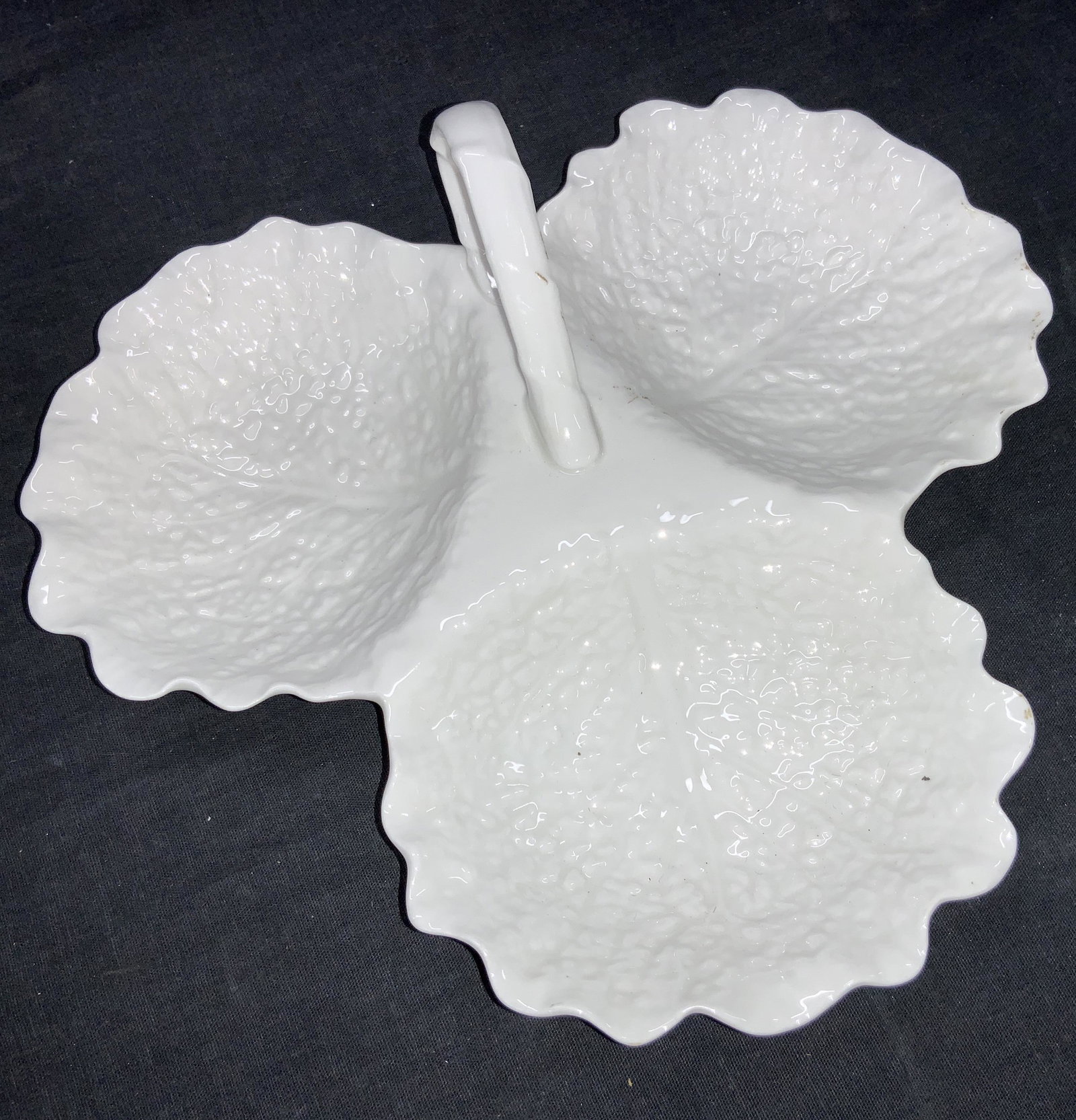 SPODE White Bone China Serving Tray: A white toned bone China three sectioned serving tray. Each tray is shaped to resemble a leaf and the handle on the tray resembles a leaf. Marked on Underside Spode England, Bone China. Approximately 