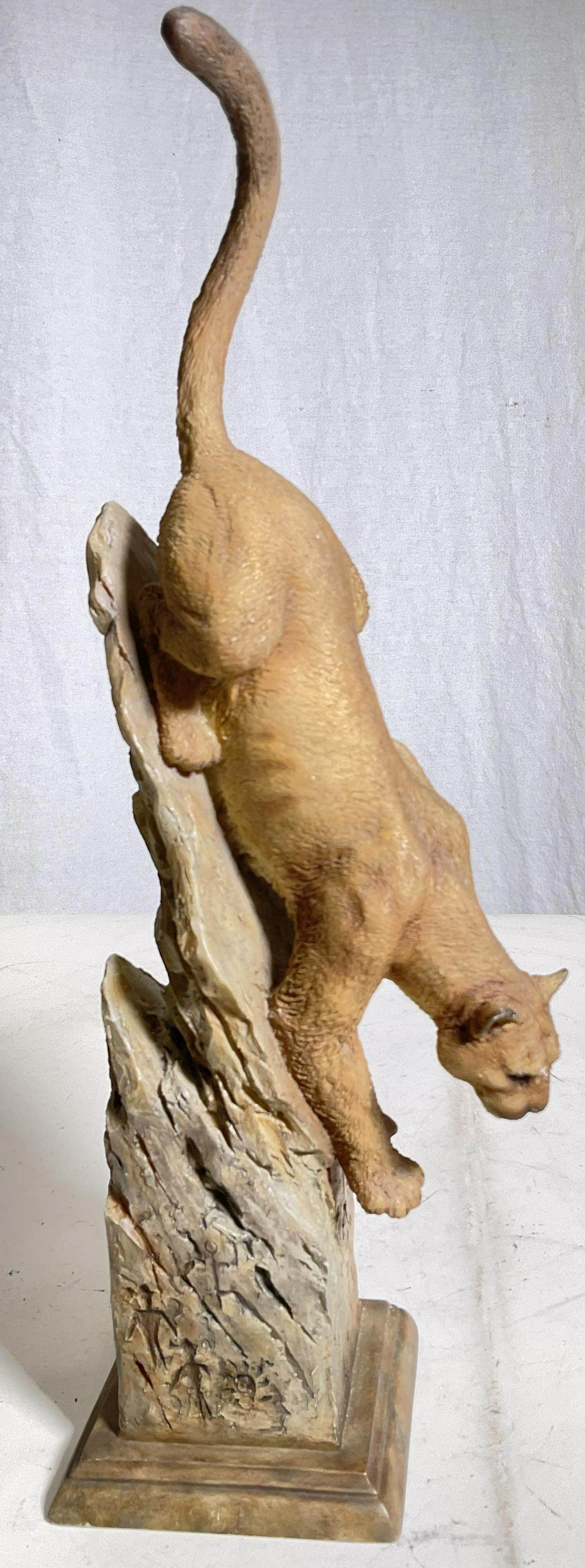 Cougar MCSI Figural, Leap Of Faith: Cougar figural, bottom reads Leap of faith, MCSI. Measures approx 14H x 5D, signed to side illegibly. Surface wear to piece consistent with age and use. Cougar figural, mountain lion, decor, home deco