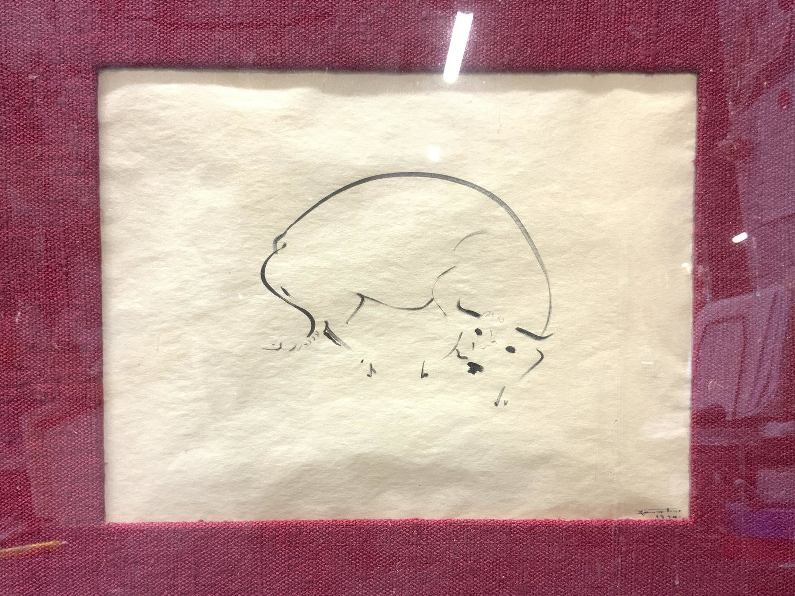 Vintage Signed Minimalist Ink Sketch: Vintage Signed Minimalist Ink Sketch, ink on paper, signature to lower right is illegible with date 1944, subject shows an outline of a bull, in frame measures approx 14 1/2 x 18 1/2 in., woven red ma