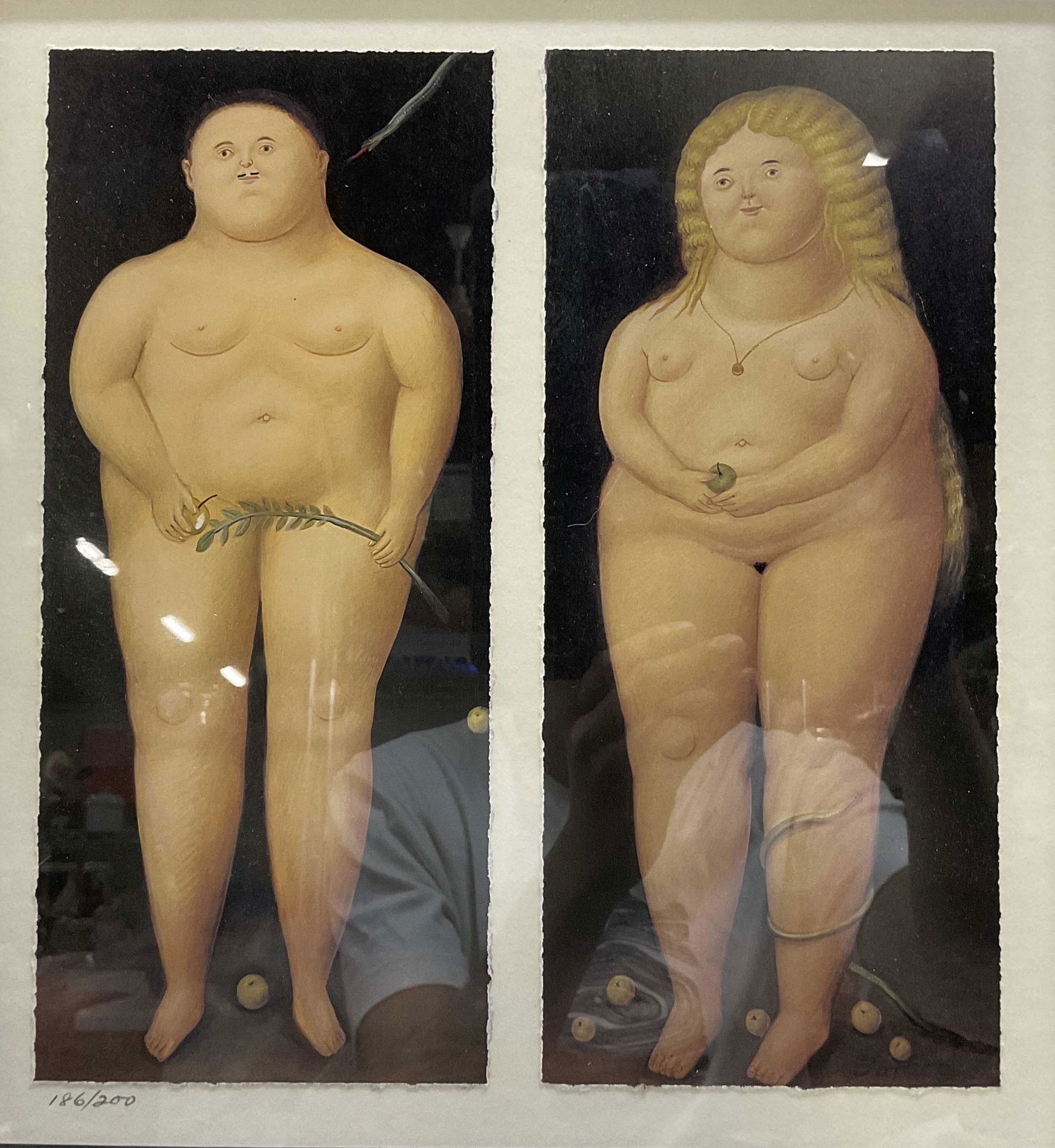 FERNANDO BOTERO Adam & Eve Offset Lithograph: FERNANDO BOTERO Adam & Eve Offset Lithograph, inscription to lower right reads BOTERO, edition reads 186/200, subject a standing male and female nude, measures 19 1/2 x 18 1/8 inches, black metal fram