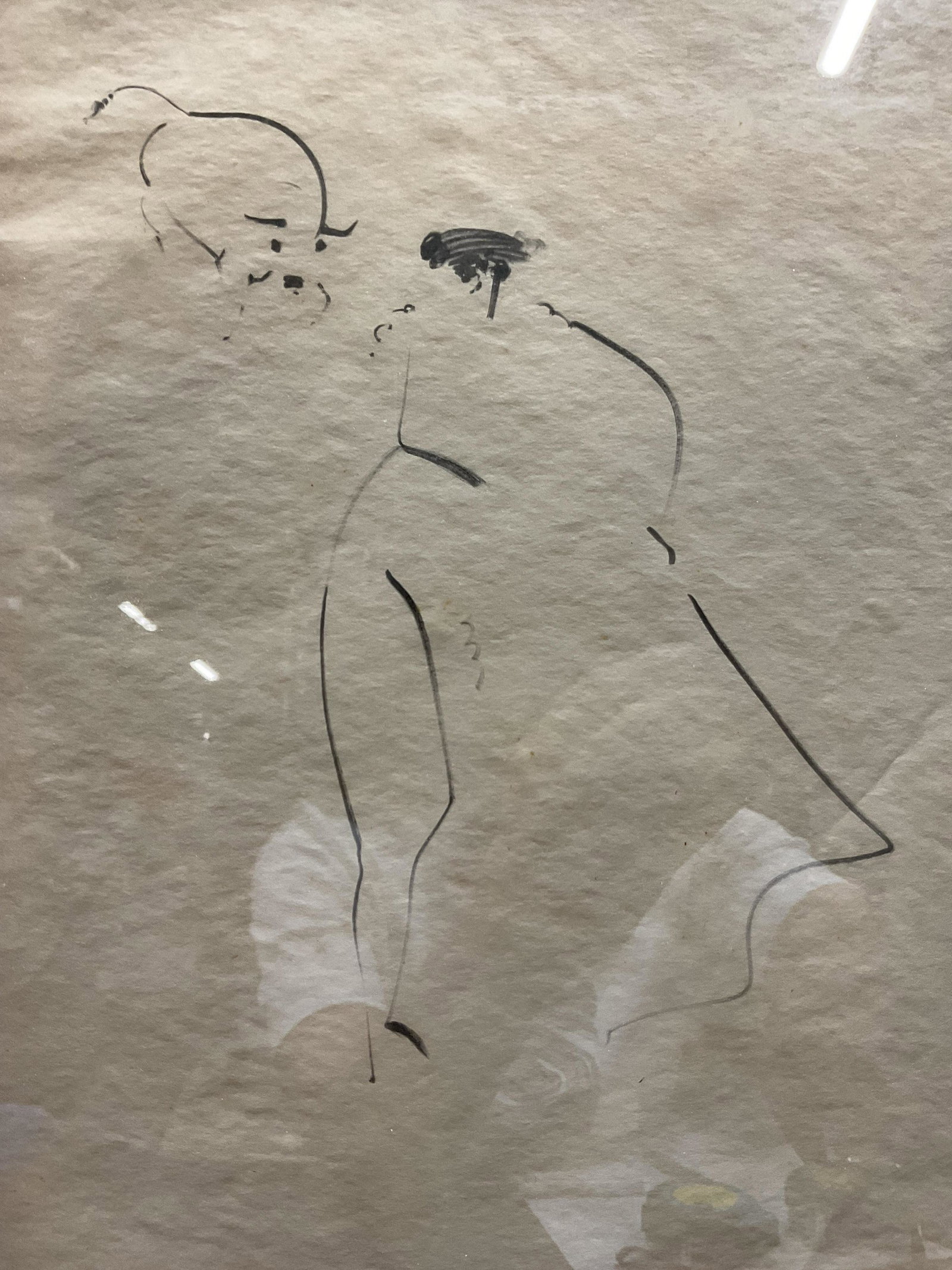 Signed Drawing of a Bull & Matador 1944: Signed Drawing of a Bull & Matador 1944, signature to lower right illegible, date reads 1944, subject a matador waving a flag, measures 18 1/2 x 14 1/2 inches, gilt wooden frame, surface wear to frame
