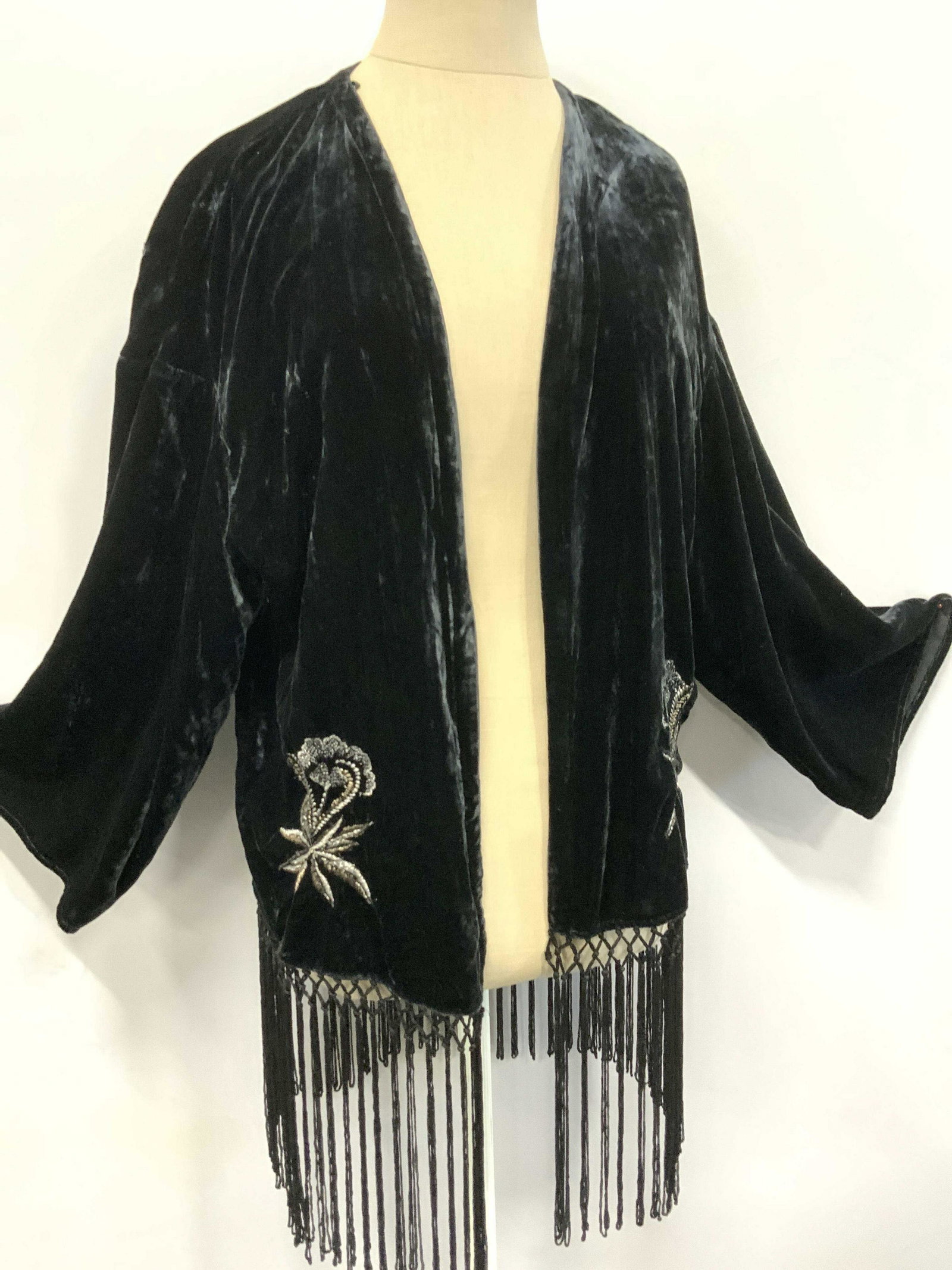 ZARA BASIC Velour Embroidered Cardigan w Tassels: Signed Zara Basic brand clothing, silver and bronze embroidery on black velour with long tassel hem. Cardigan has long sleeves and is lined. evening wear fashion, fall fashion, velour cardigan, bohemi