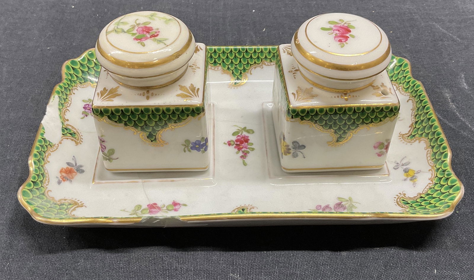 DRESDEN PORCELAIN Inkwells & Tray (1 of 6)