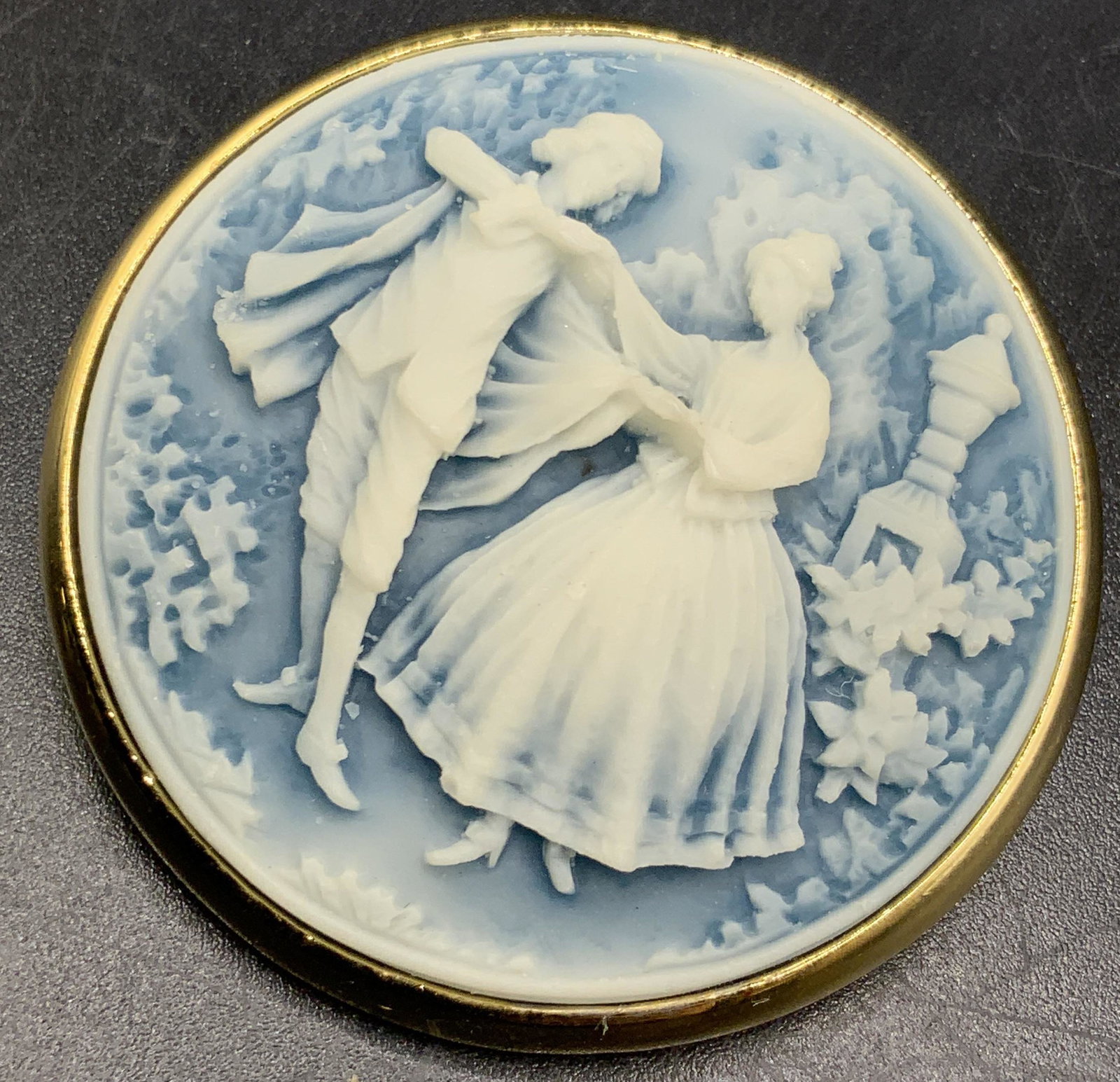 Vintage Blue & White Resinous Cameo Brooch, Box: A vintage blue and white resinous candy brooch. Cameo is bezel set on gold tone metal backing. Pin closure & nail to reverse. Measures approx 2L x 2W in. Vintage jewelry, Vintage accessories, Fashion 