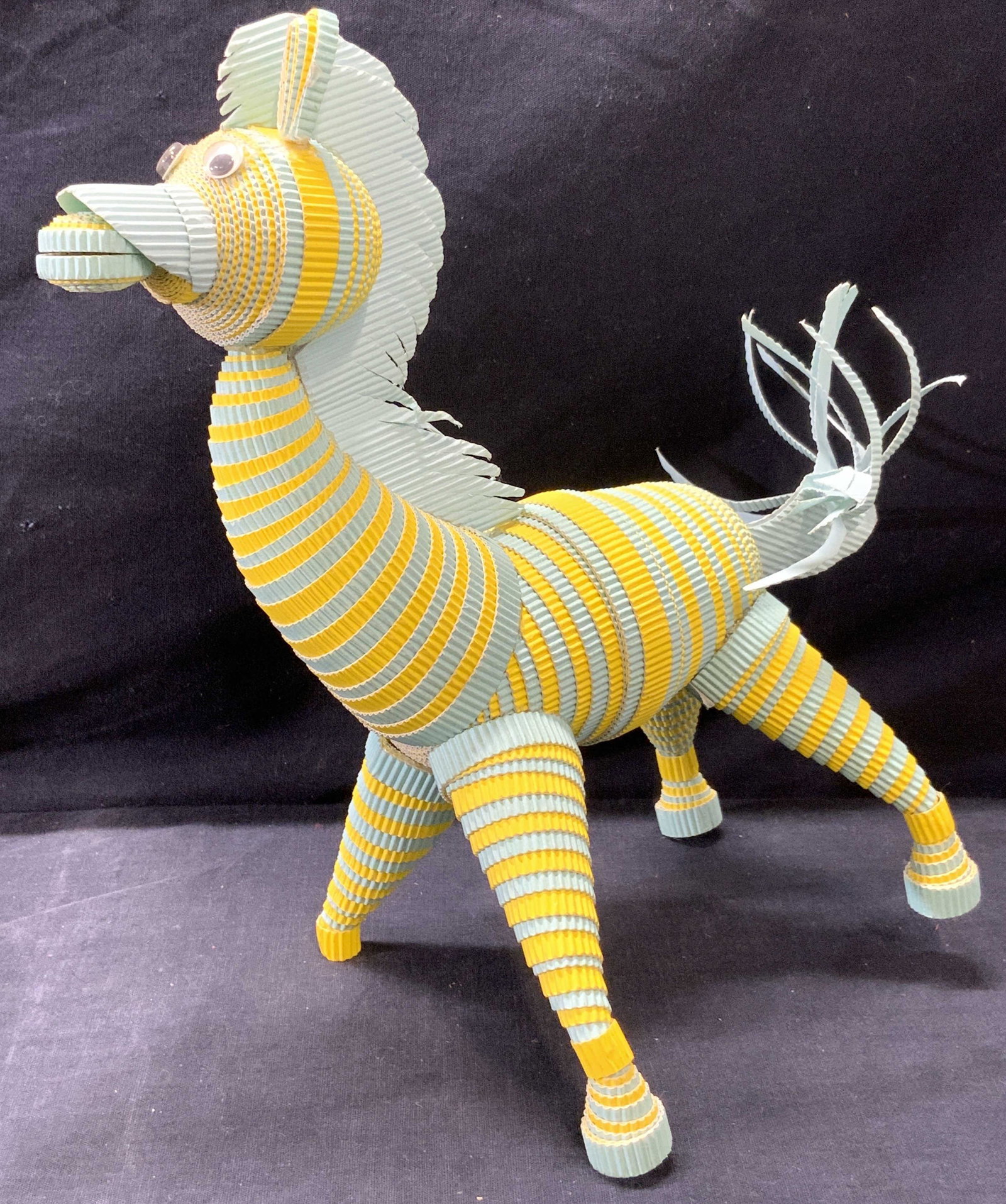 Handmade Vintage Upcycled Zebra Sculpture, Korea: Handmade Vintage Upcycled Zebra Sculpture, Korea, made out of cupcake wrappers, midcentury style circa 1970s, some pieces missing, measures approx 11 1/4 in. tall x 10 in. long x 5 1/2 in. wide. Handm