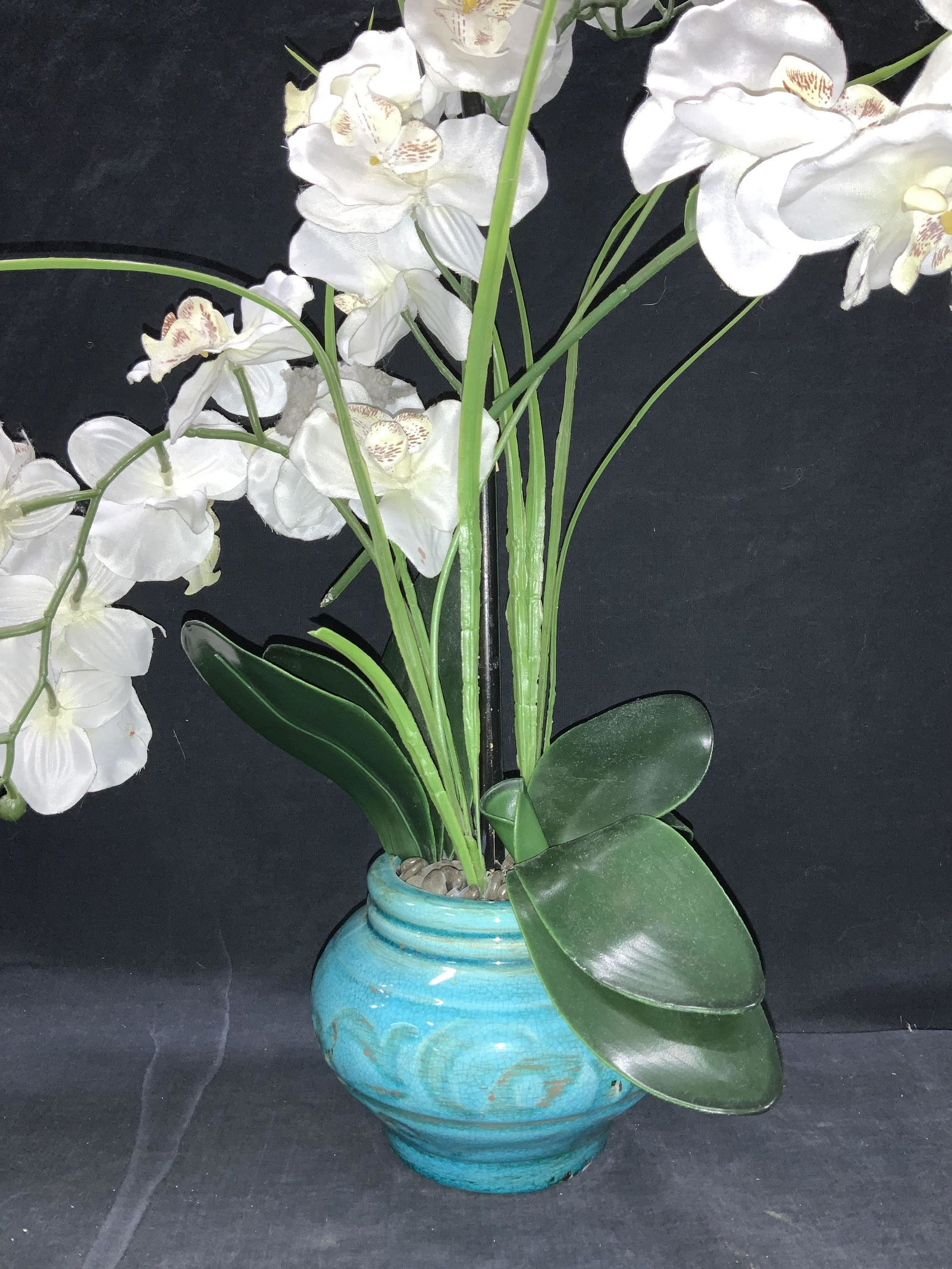 Faux White Orchid in Turquoise Ceramic Vase (1 of 7)