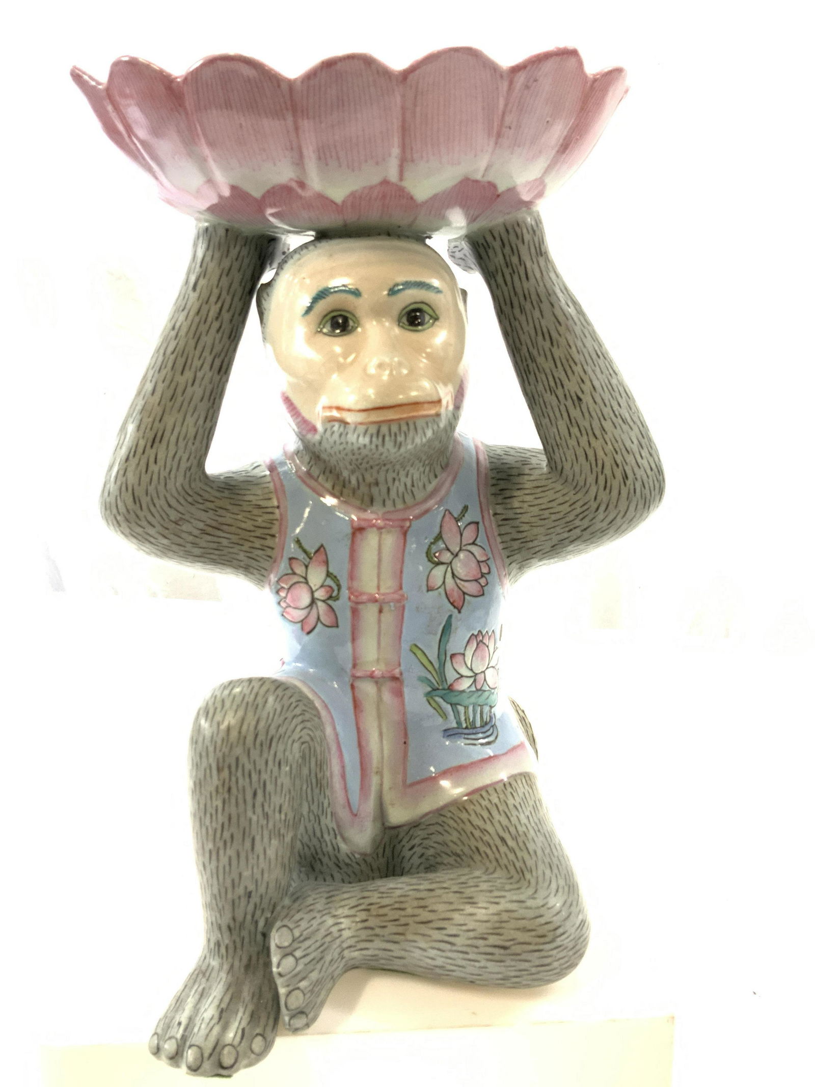 Asian Porcelain Monkey Figural Holding Lotus Bowl (1 of 7)
