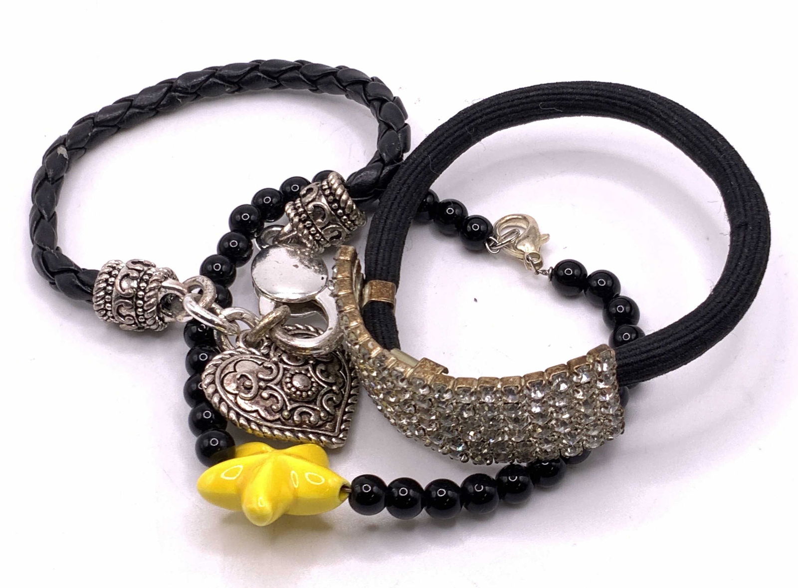 Lot 3 Black Band & Bead Charm Bracelets, Jewelry (1 of 7)