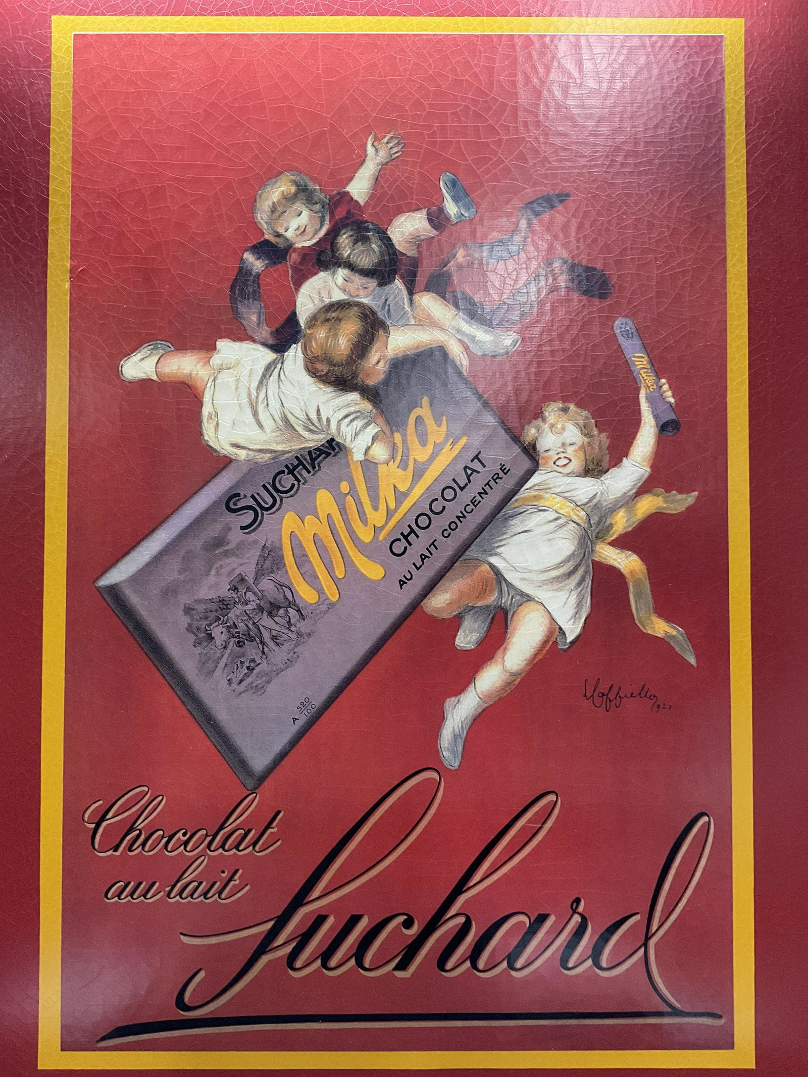 XL LEONETTO CAPPIELO Suchard Offset Lithograph: LEONETTO CAPPIELO Suchard Offset Lithograph, inscriptions read Chocolate au lair, Suchard, subject a group of children attached to a bar of chocolate, measures 57 7/8 x 44 inches, previous repair to p