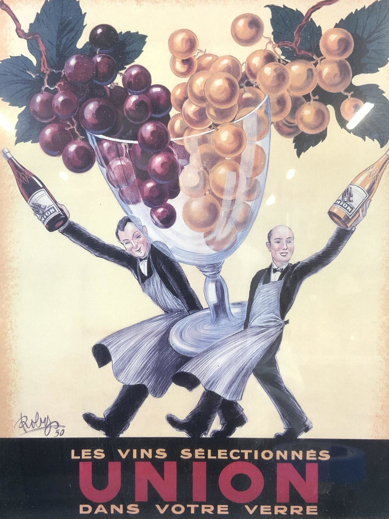 ROBY Les Vins Selectionnes Union Lithograph: ROBY Les Vins Selectionnes Union Lithograph, signed Roby 50, inscription reads Les Vins selcetionnes union dans votre Verre, subject shows two waiters carrying oversized glass of red and white grapes,