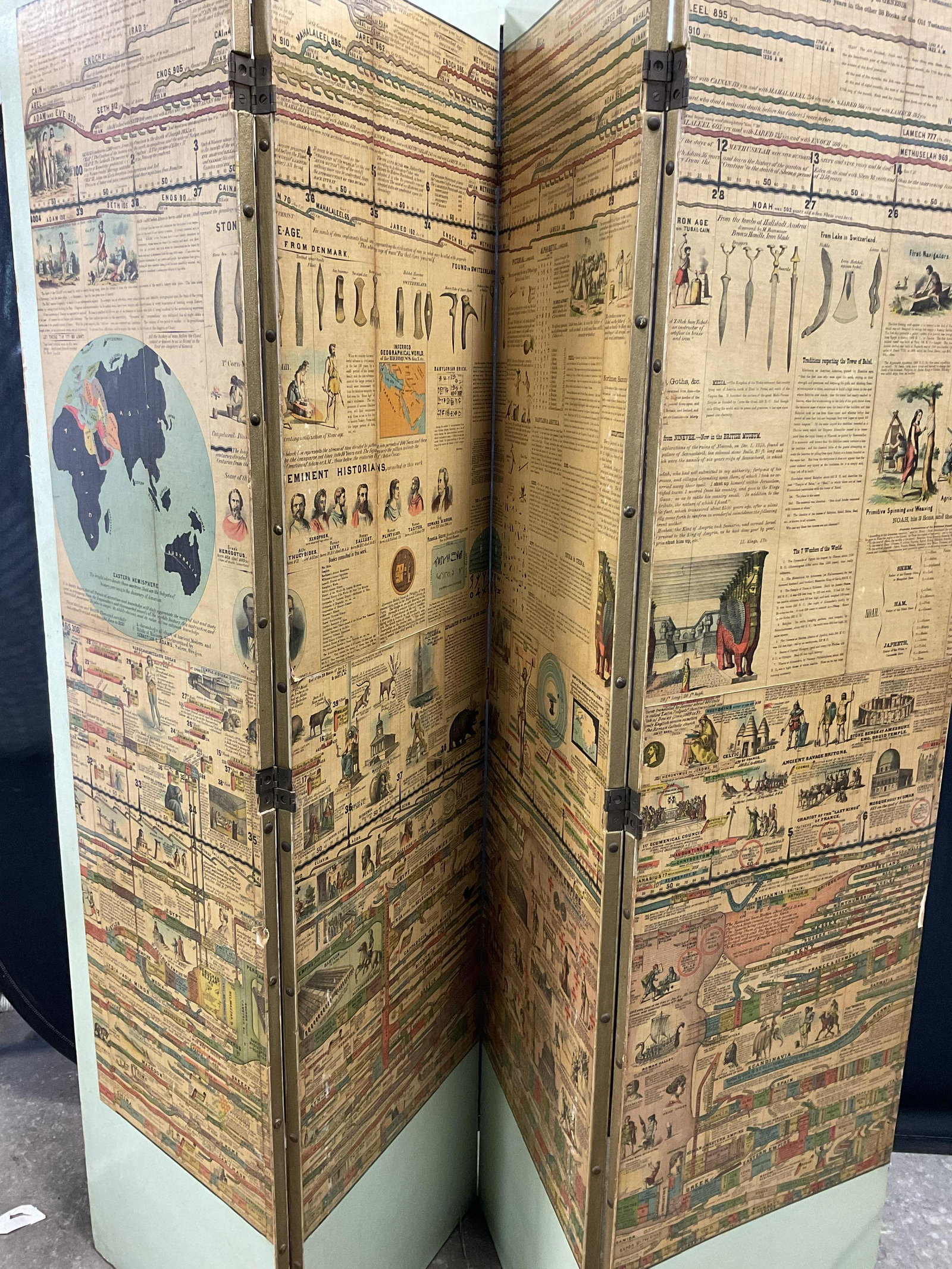 History of Civilization 4 Panel Decoupage Screen: Adams syn chronological chart of map of history. Closed screen measures approx 66H x 17W inches. Wear to piece consistent with use and age. Some peeling of paint and scratches to piece. Screen, room d