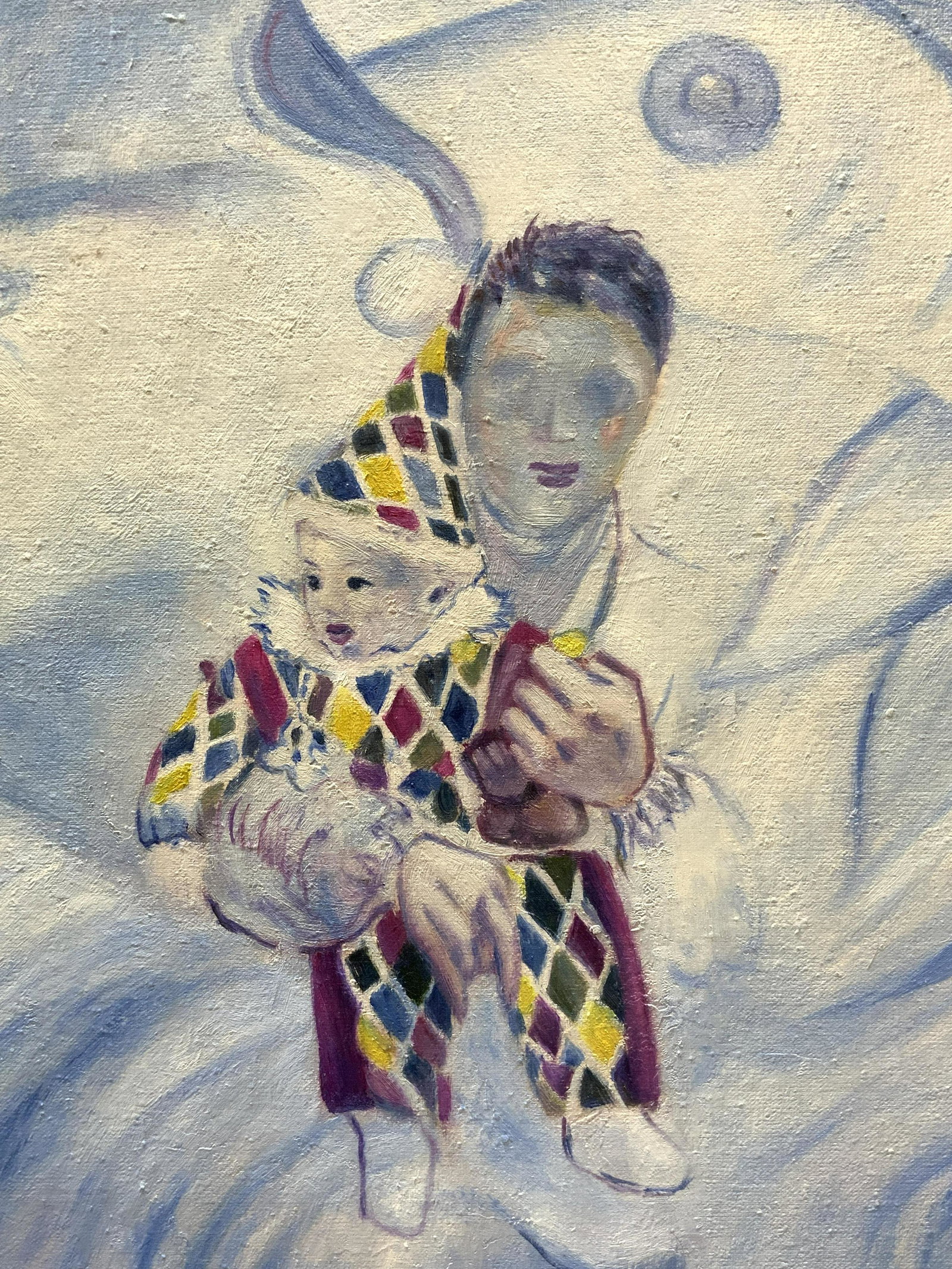 Abstract Surreal Oil Painting: Abstract Surreal Oil Painting, oil on canvas, no apparent inscriptions, subject shows a faceless man holding a baby in a clown costume with a surreal face in the background, in frame measures approx 2