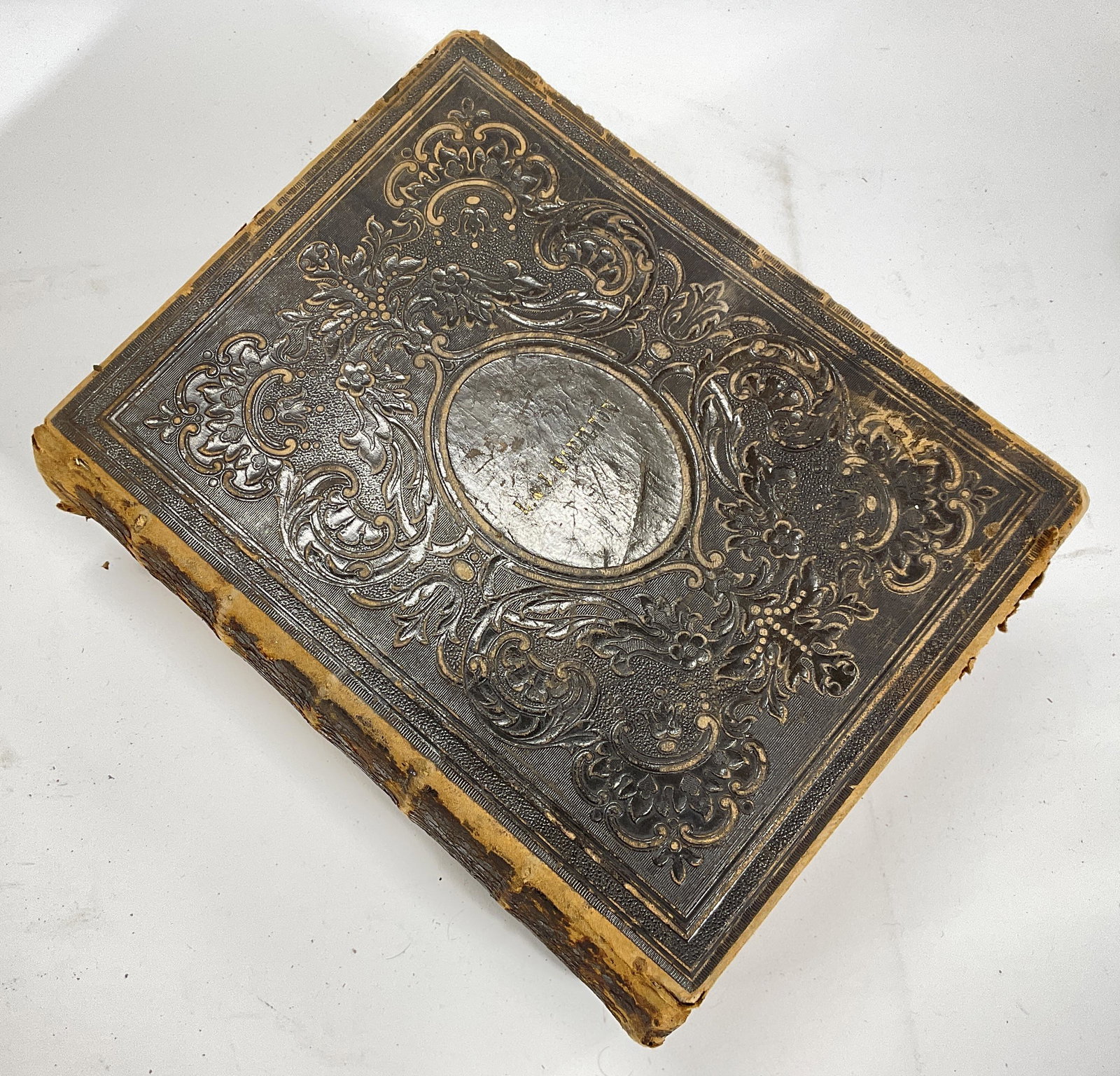 Antique Illustrated Bible, Copr 1865: Antique book with the domestic Bible within. Cover of book reads L & J Hamilton, Book was probably a family Bible. Significant wear to book consistent with age and use, rips to pages. Photos of people