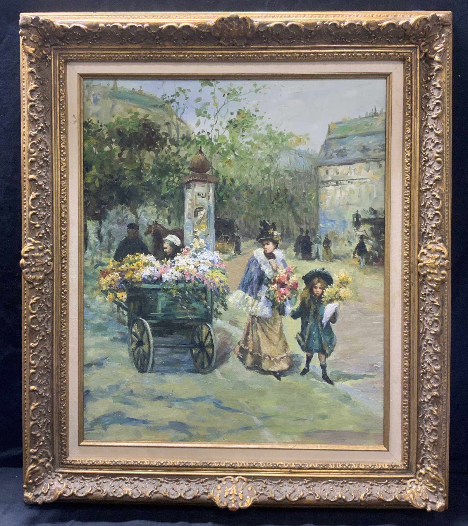 Impressionist Parisian Street Scene Oil Painting: Impressionist Parisian Street Scene Painting, Oil On Canvas, no apparent inscriptions, subject shows a cart full of flowers with a nineteenth century style woman and child each holding bouquets. In fr