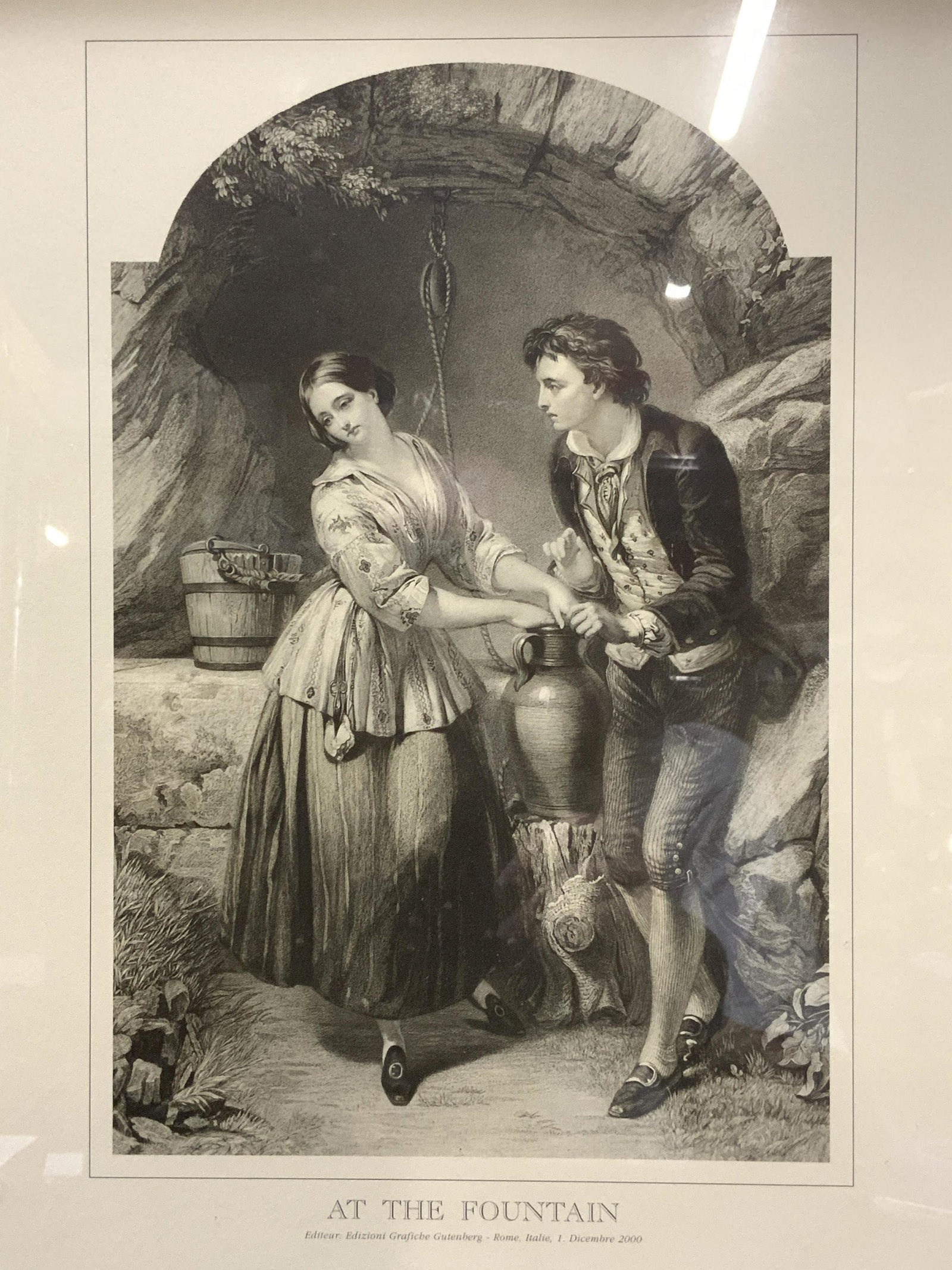 At The Fountain Lithograph, Italy: At The Fountain Lithograph, made in Italy, inscription reads AT THE FOUNTAIN Editeur Edizioni Grafiche Gutenberg - Rome, Italie, 1. Dicembre 2000, subject shows a romantic realist etching of a man and