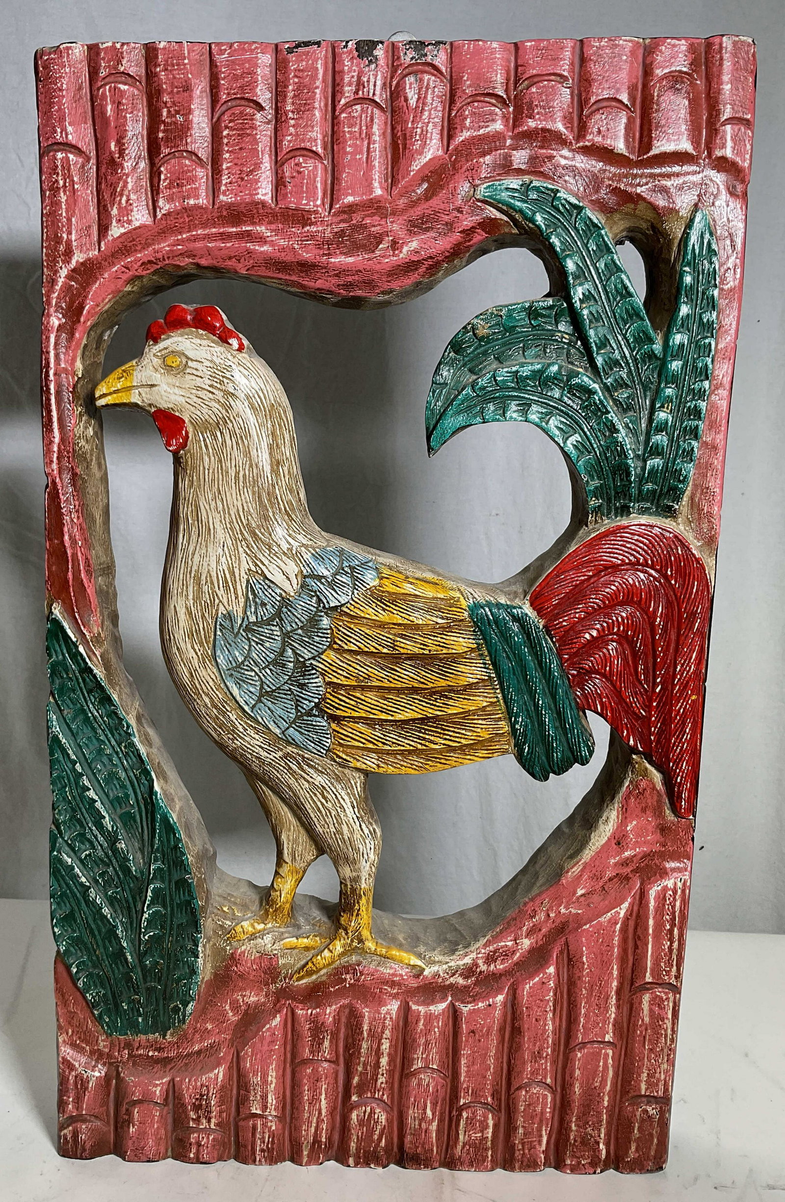 Wood Carved Chinese Zodiac Of Rooster: Wood Carved Chinese Zodiac of Rooster. Original retail price on piece, $1,800. Painted & finished wood. Measures approx 20H x 12W x 2D inches. Some surface wear to piece consistent with age and use. R