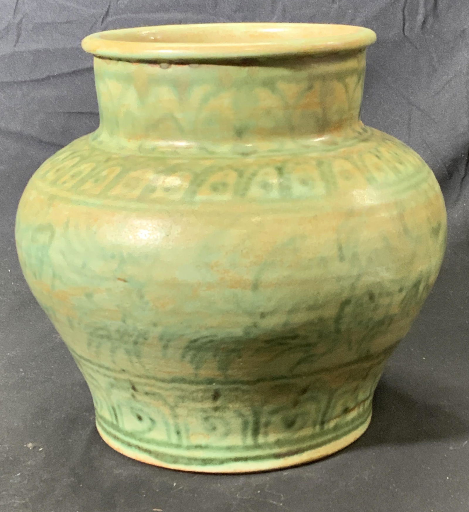 Vintage Green Patterned Wide Pottery Vessel (1 of 5)